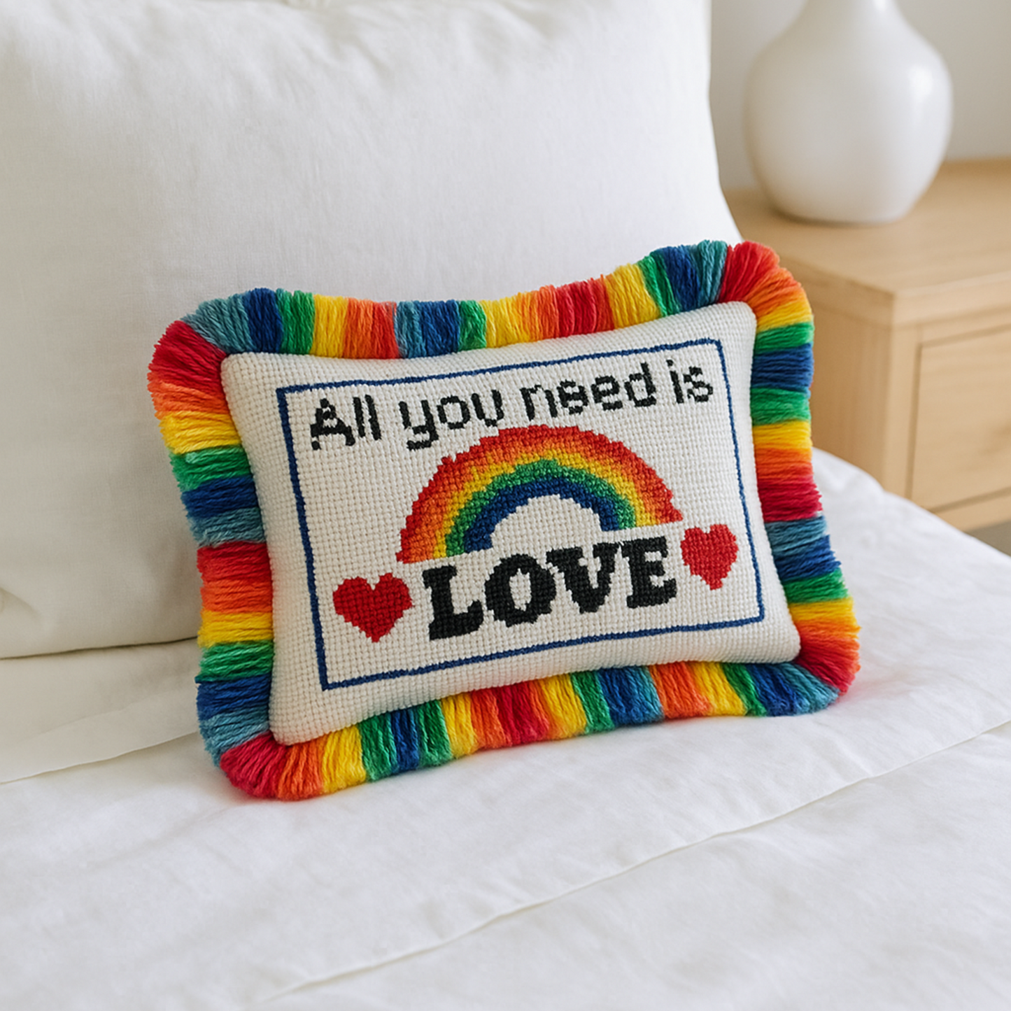 Hand Painted Needlepoint Canvas with "All You Need Is Love" text