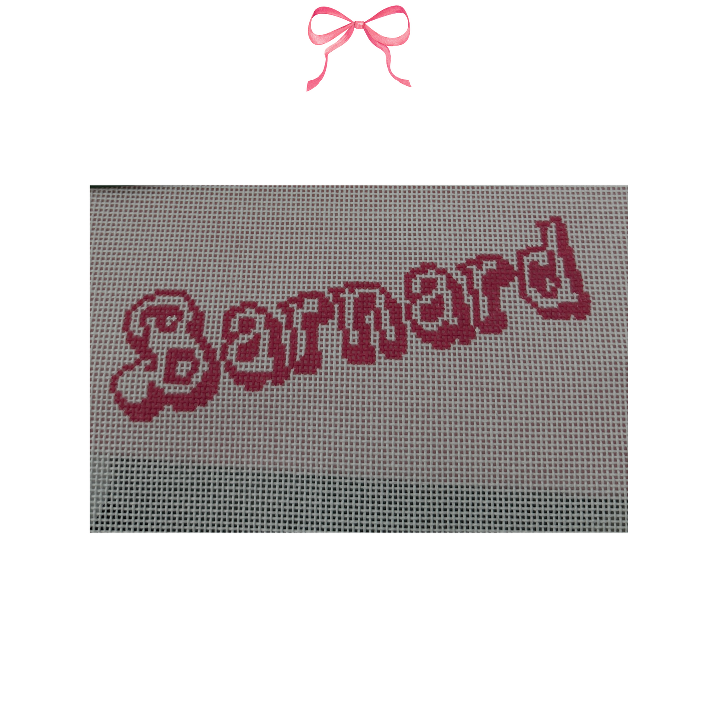 Needlepoint Canvas with the word Barnard in Barbie-style letters