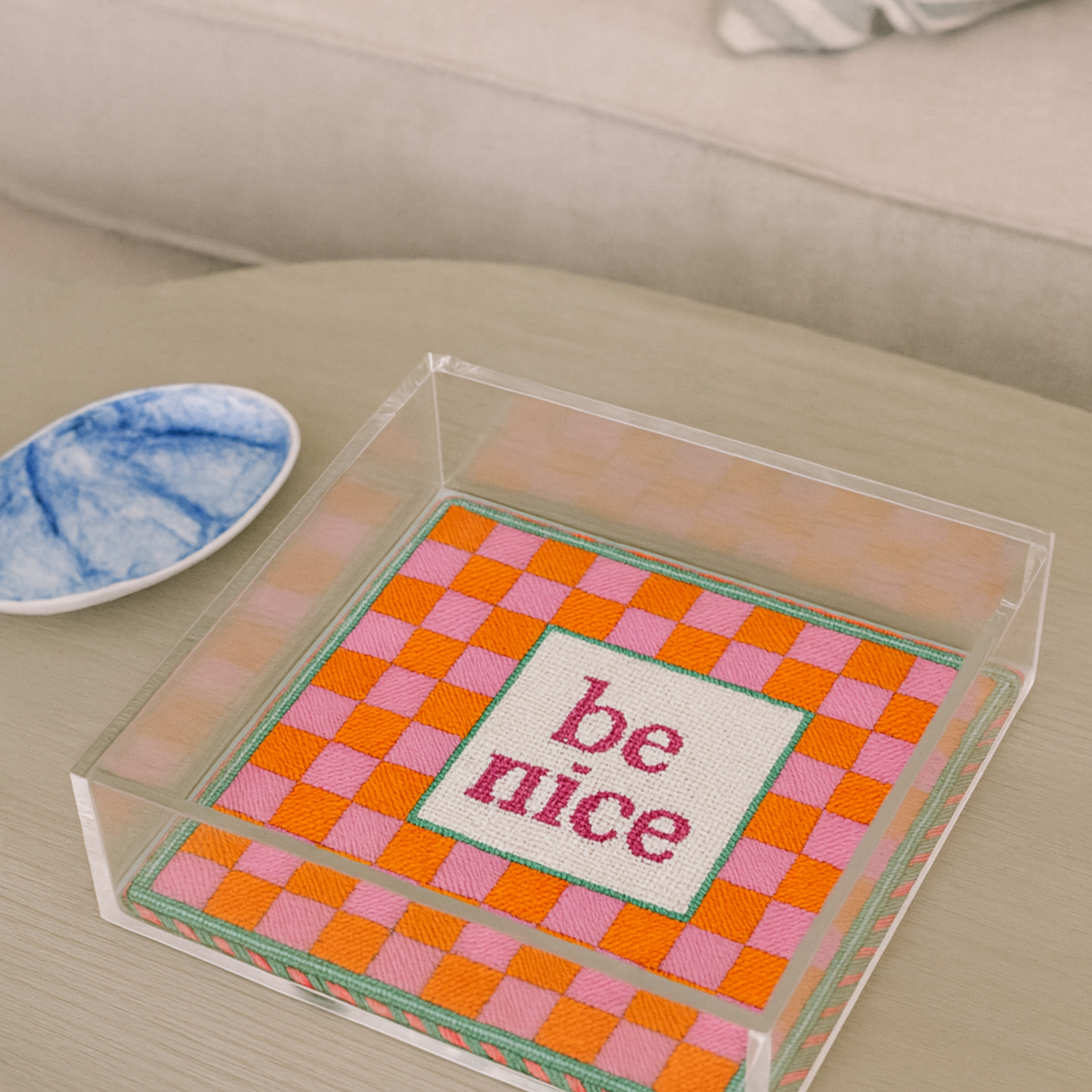 Hand painted Needlepoint Canvas with "Be Nice" text