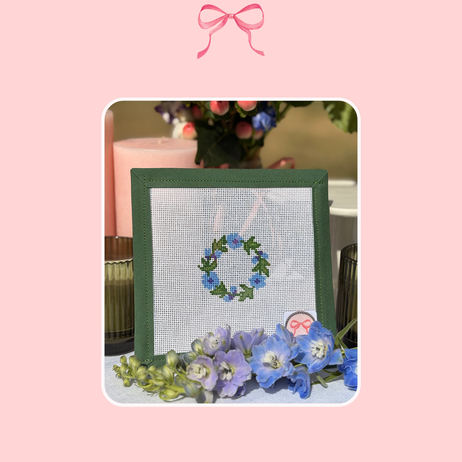 Hand painted needlepoint canvas with cornflower wreath