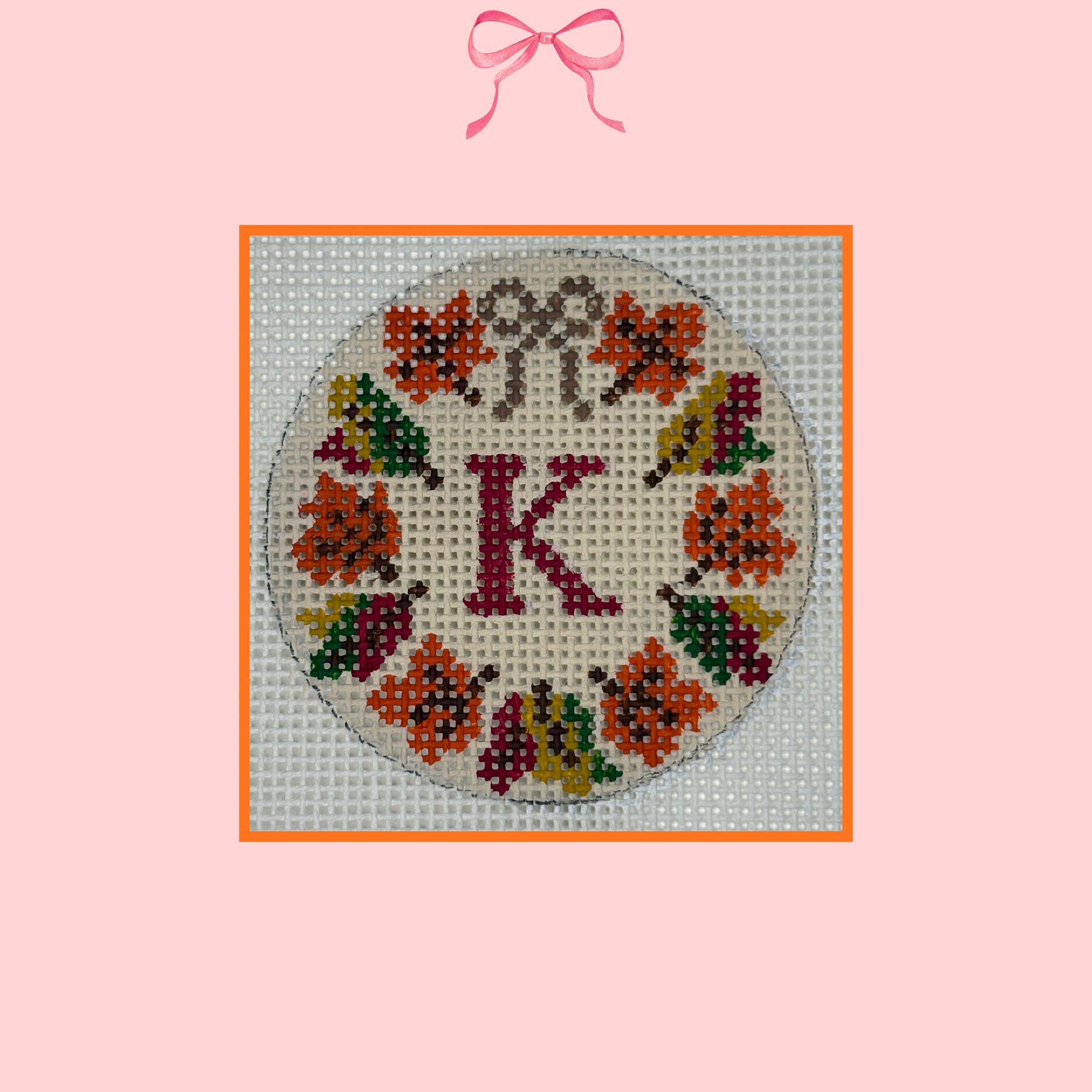 hand painted fall-themed needlepoint wreath canvas with single-letter monogram