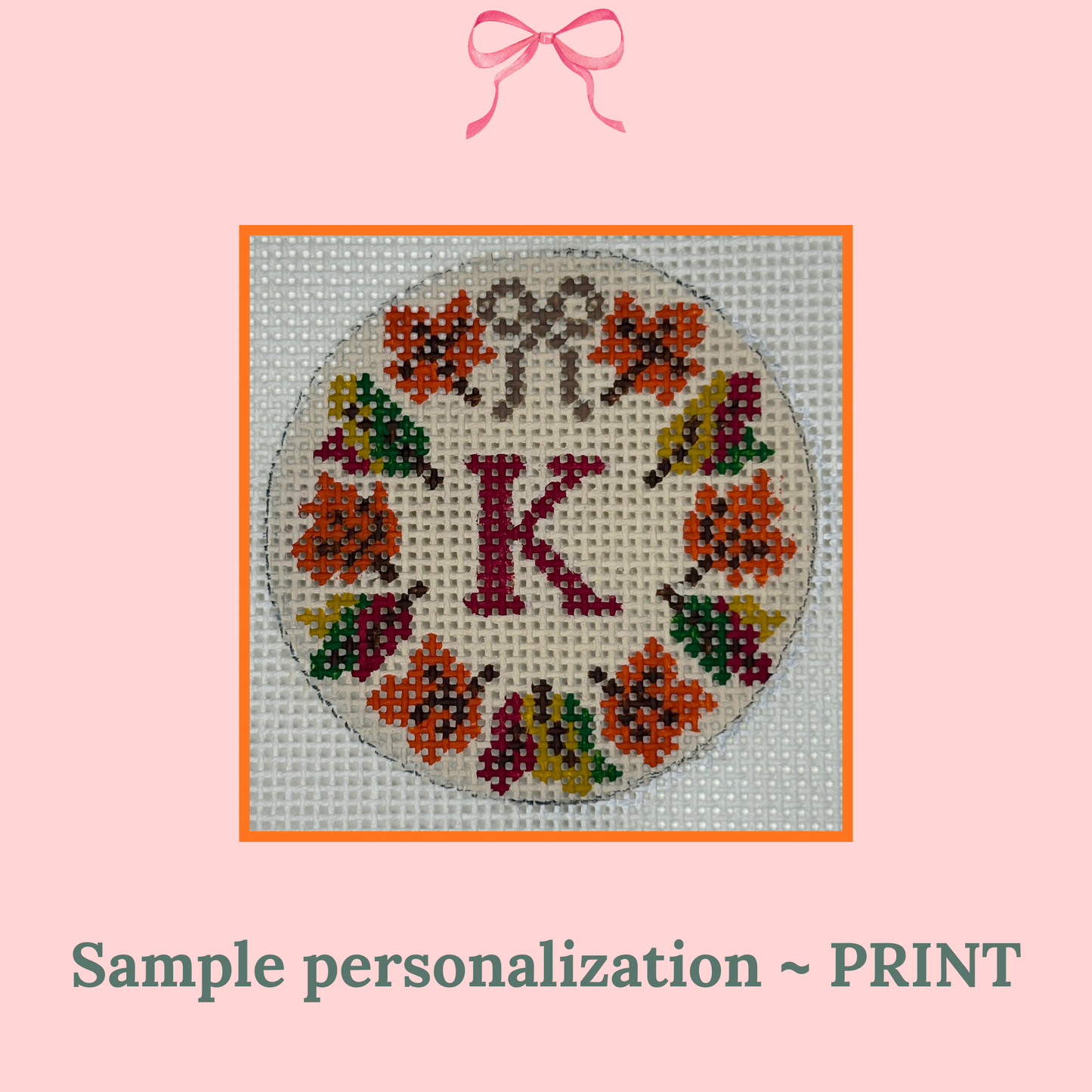 hand painted fall-themed needlepoint wreath canvas with single-letter monogram