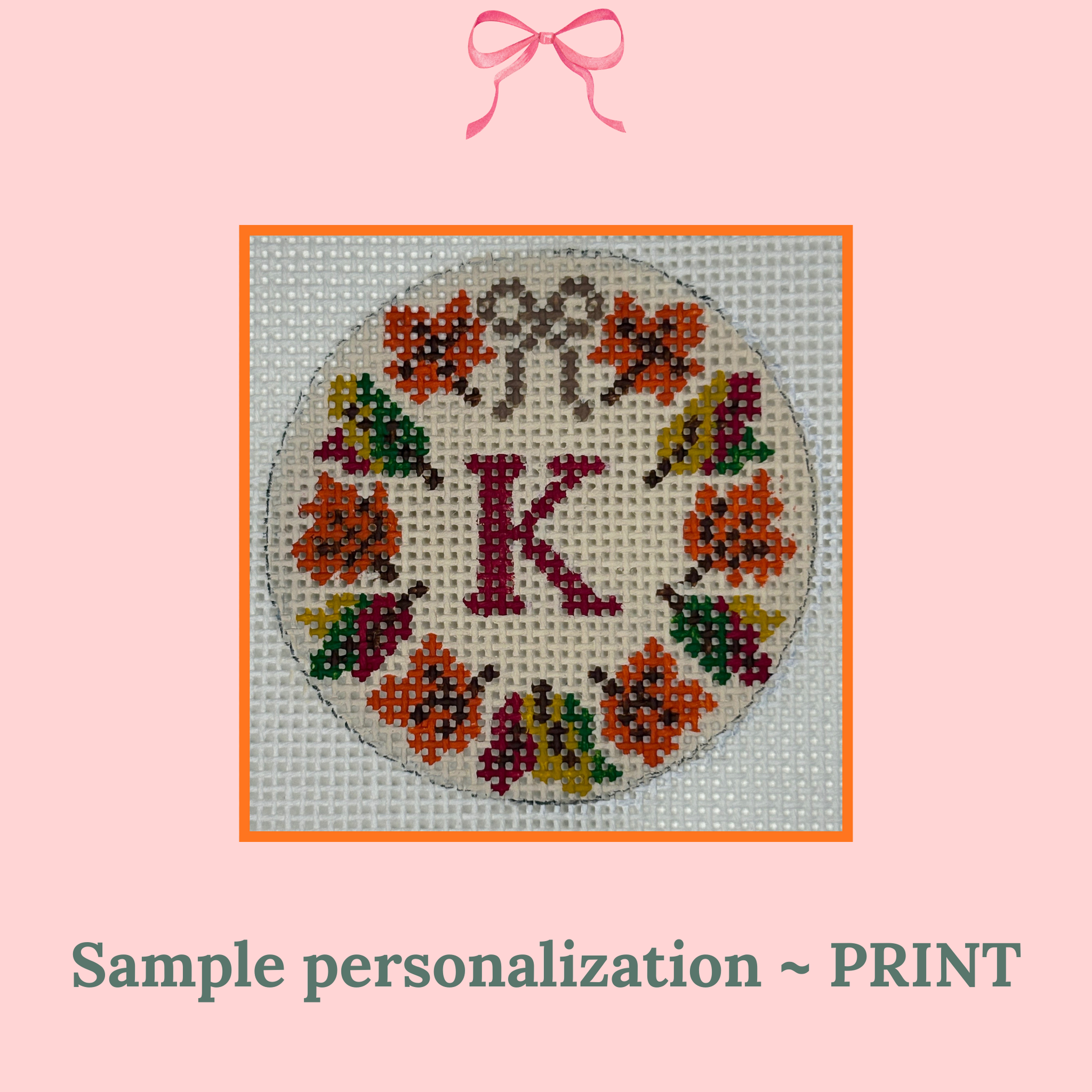 hand painted fall-themed needlepoint wreath canvas with single-letter monogram