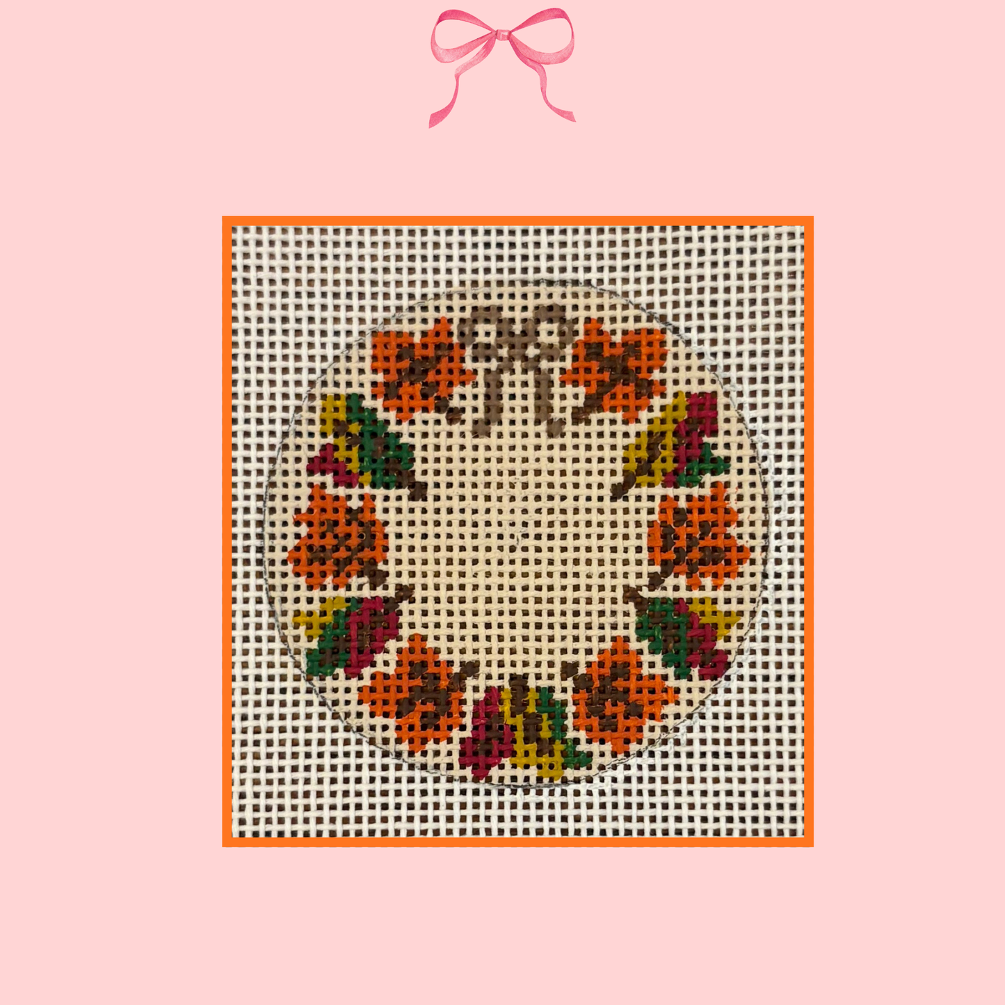 hand painted fall-themed monogrammable needlepoint wreath canvas
