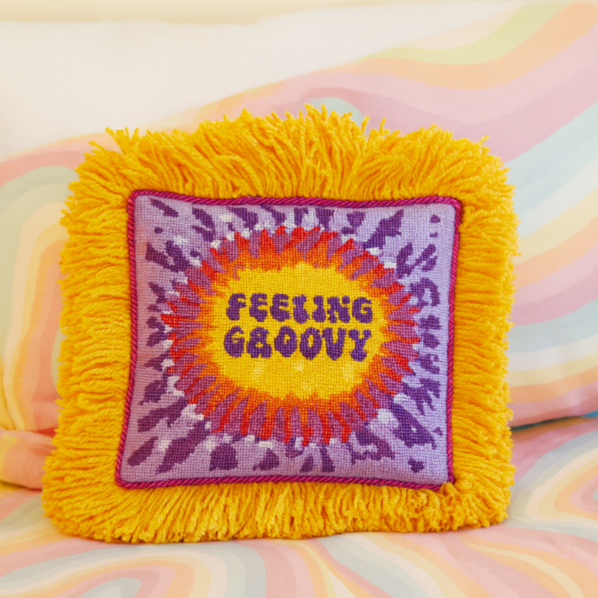 Hand painted Needlepoint Canvas with "Feeling Groovy" text