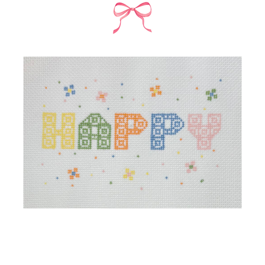 Hand painted Needlepoint Canvas with "Happy" text