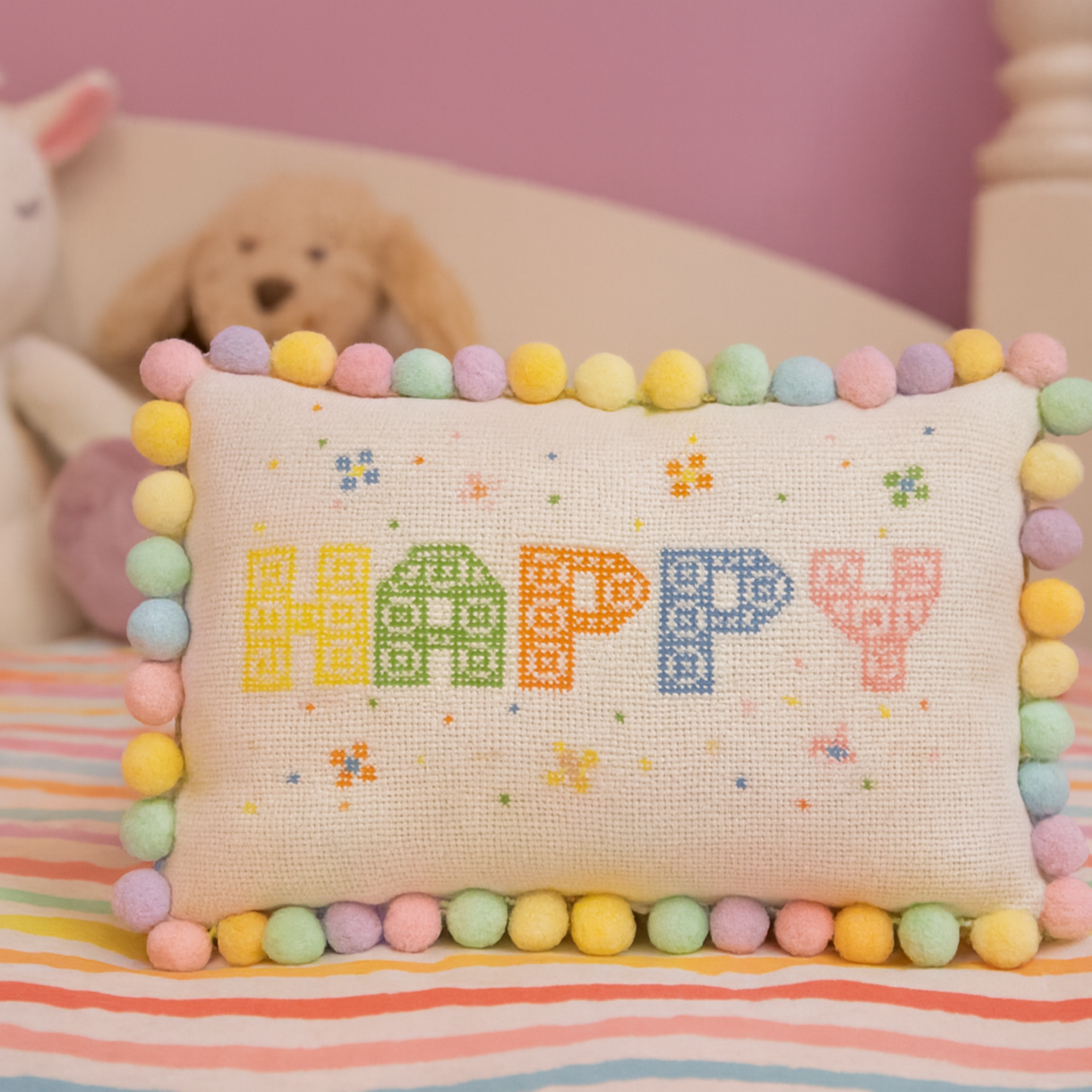 Hand painted Needlepoint Canvas with "Happy" text