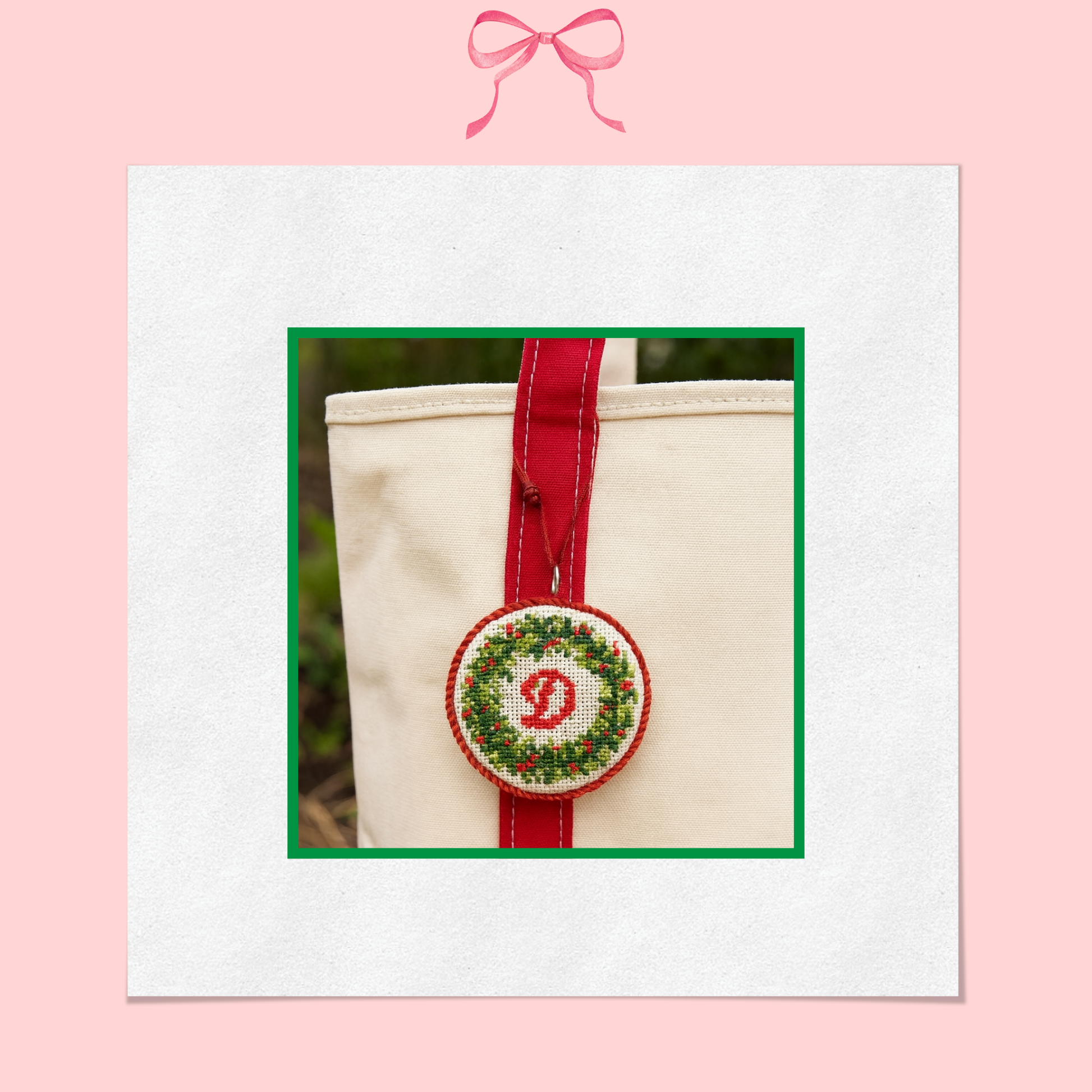 Needlepoint Holiday Wreath Monogrammed Bag Charm