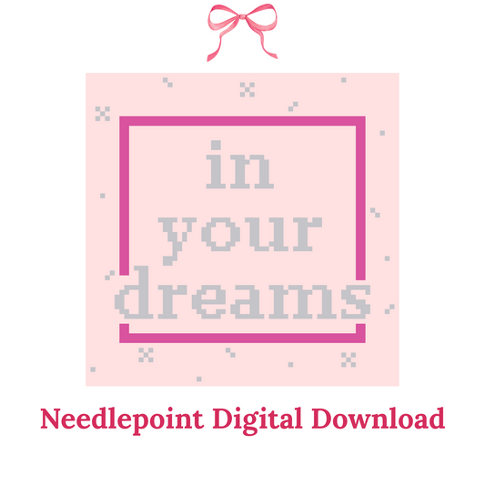 Digital download for needlepoint with text 'in your dreams' on a pink background.