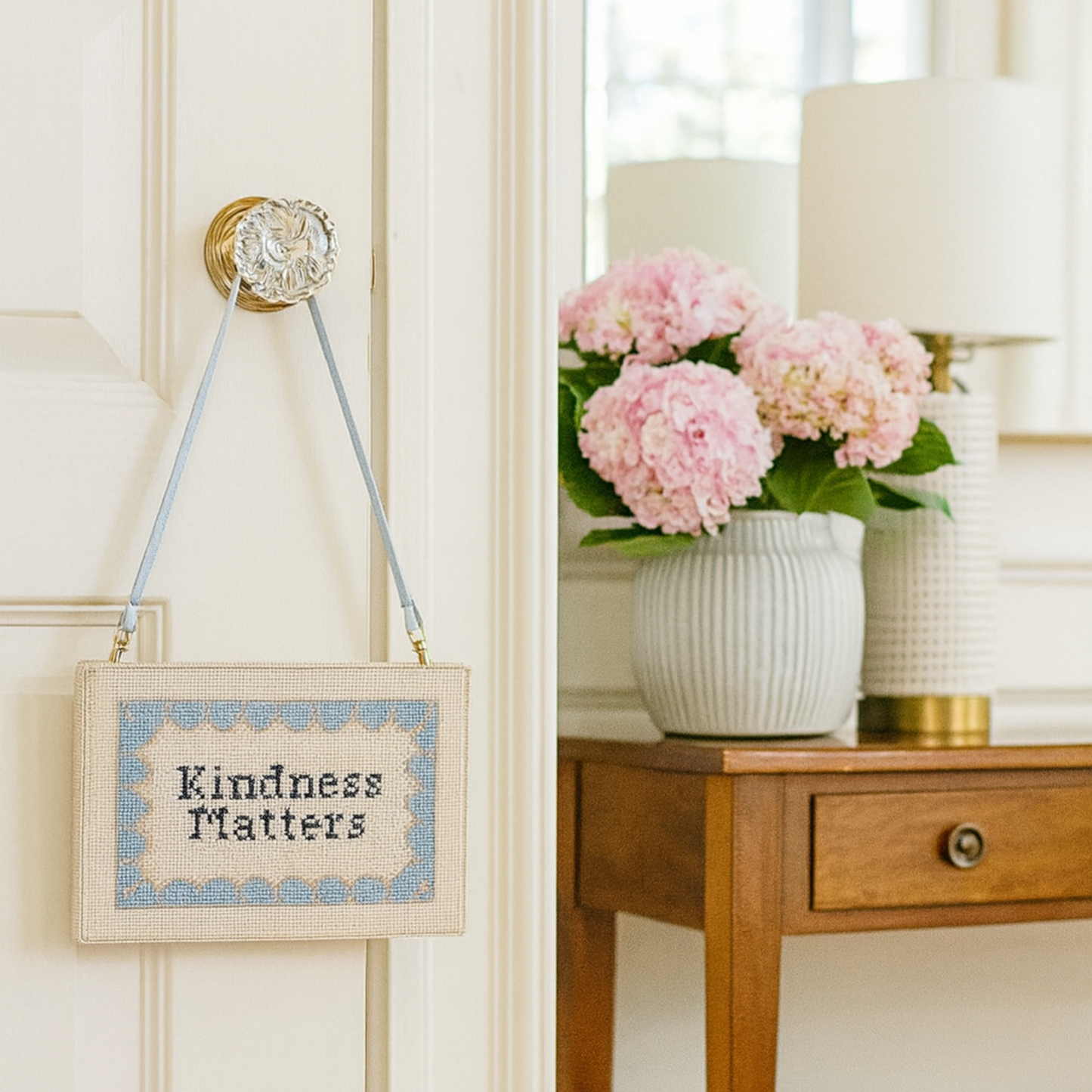 Hand Painted Needlepoint Canvas with "Kindness Matters" text