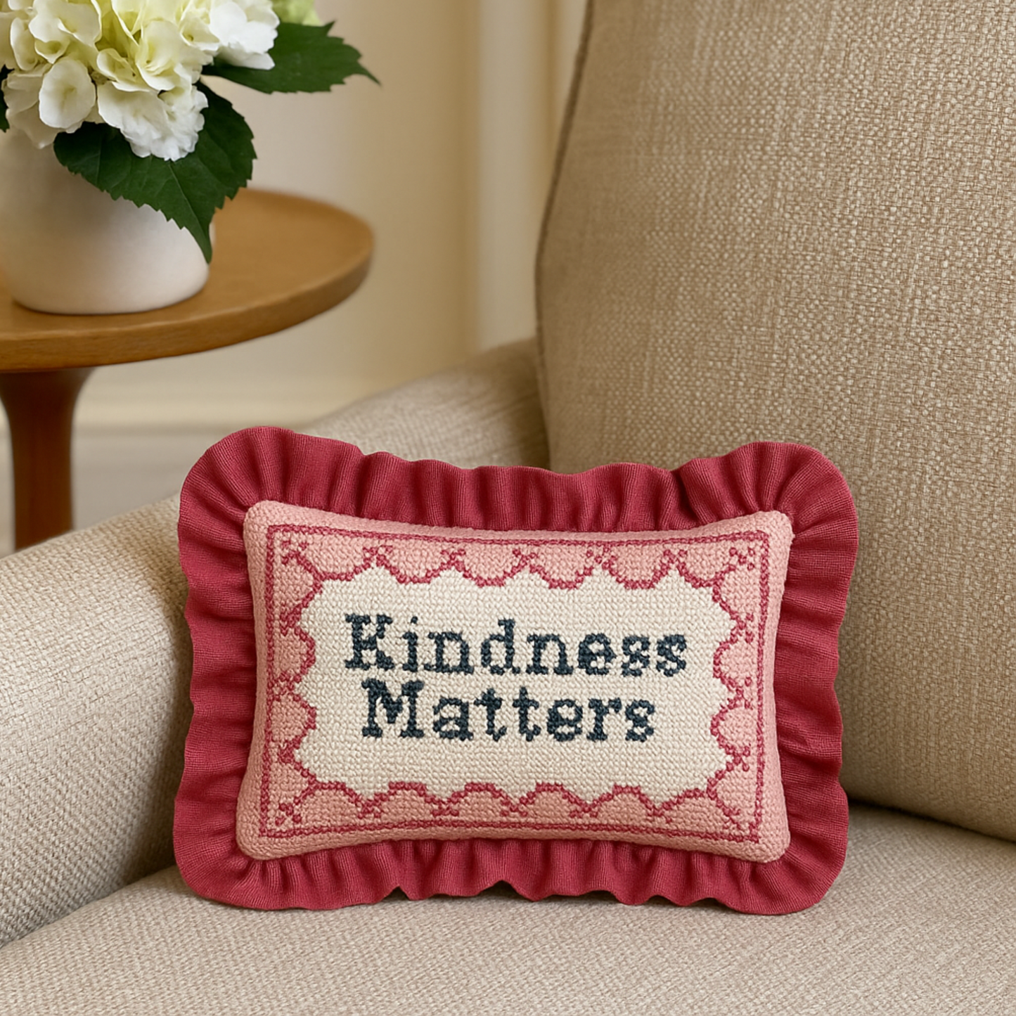 Hand Painted Needlepoint Canvas with "Kindness Matters" text