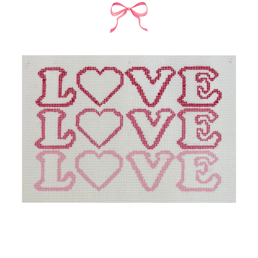 Hand painted Needlepoint Canvas with "Love, Love, Love" text