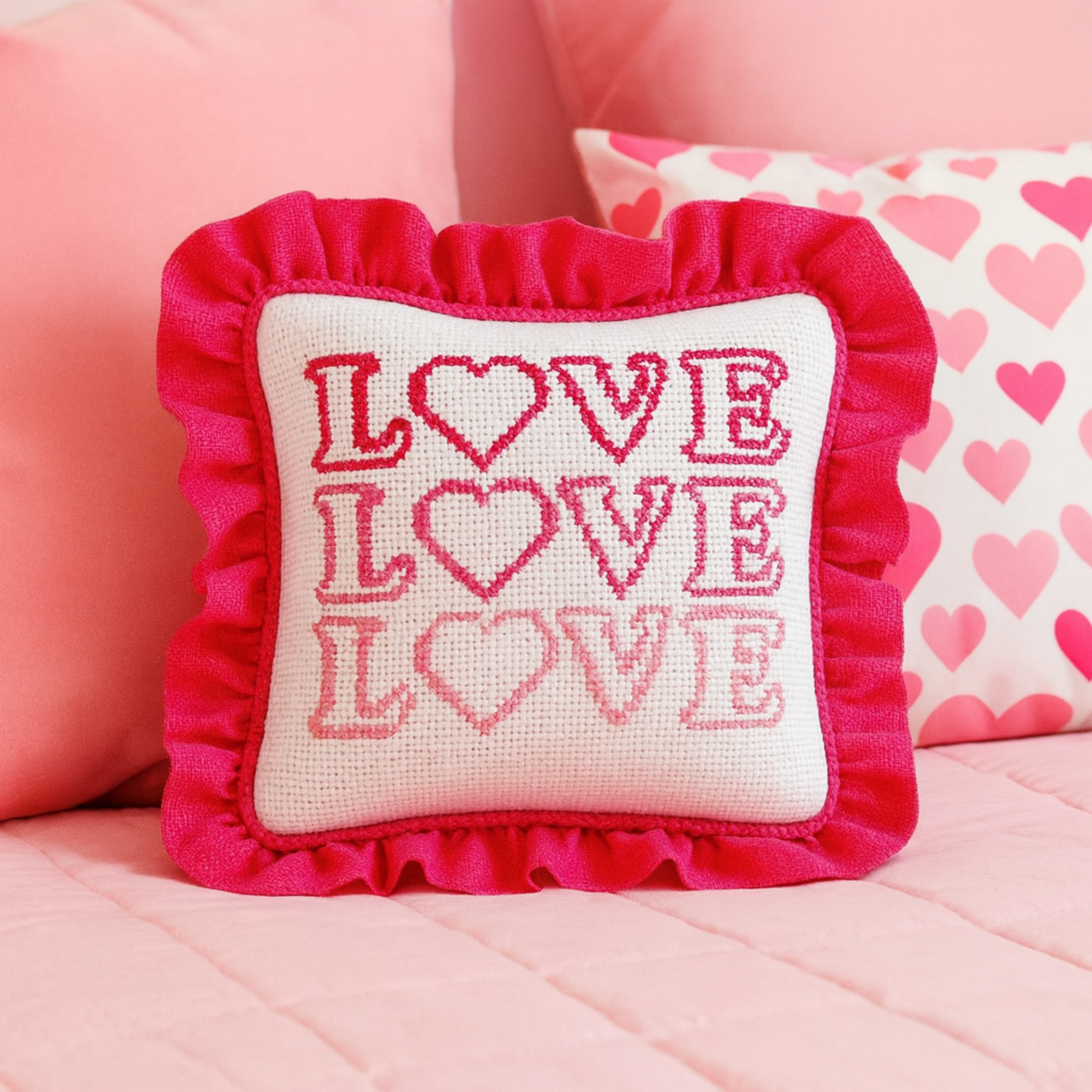 Hand painted Needlepoint Canvas with "Love, Love, Love" text