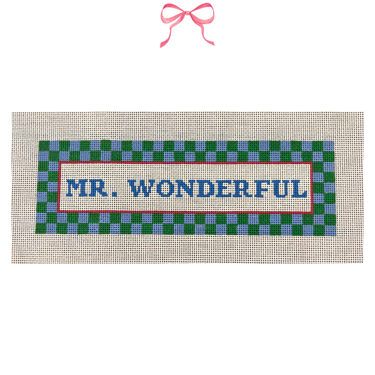 Hand painted needlepoint canvas with "Mr. Wonderful" Text
