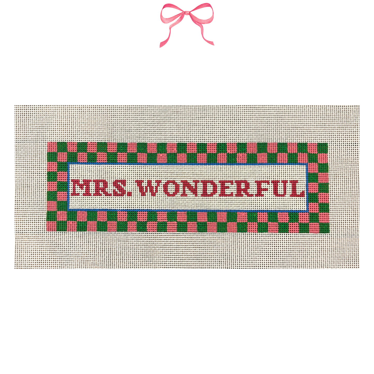 Hand painted needlepoint canvas with "Mrs. Wonderful" Text