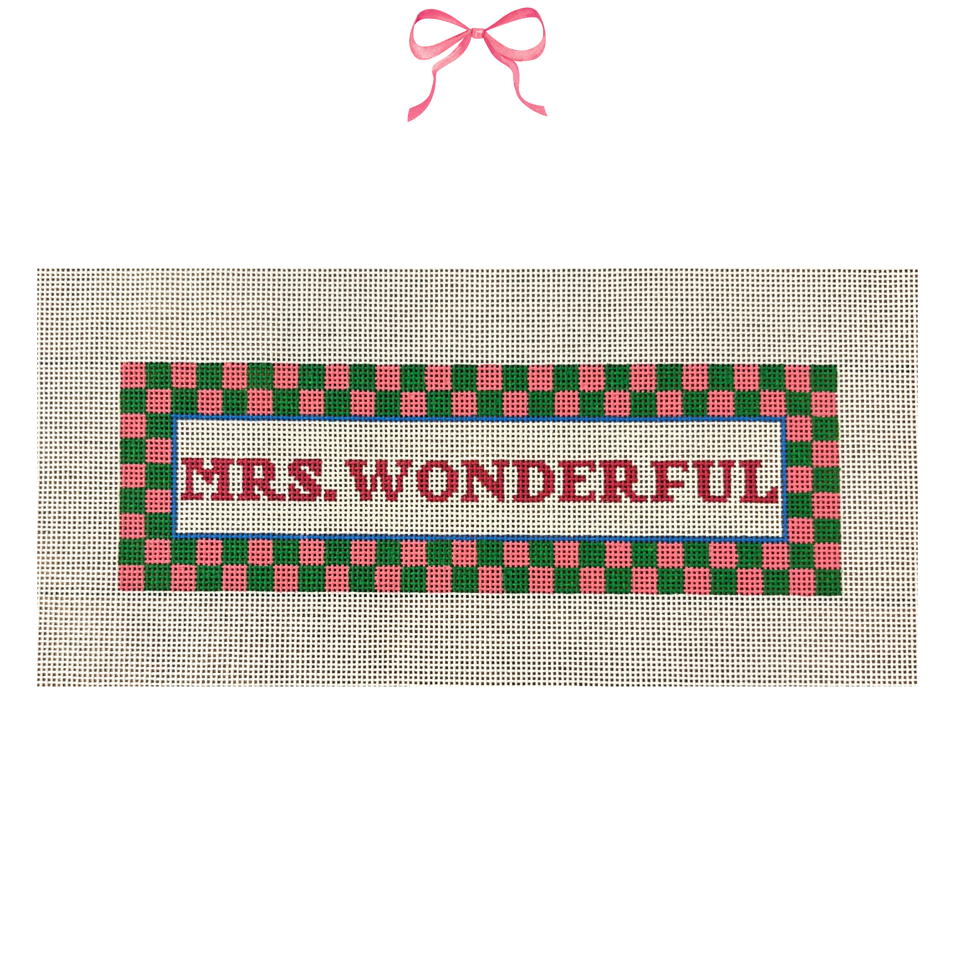 Hand painted needlepoint canvas with "Mrs. Wonderful" Text