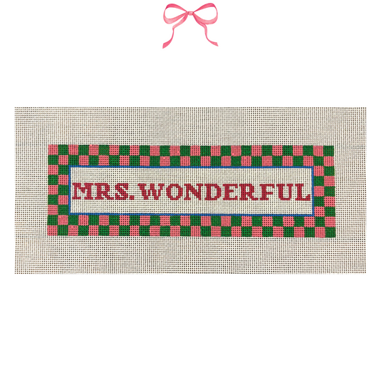 Hand painted needlepoint canvas with "Mrs. Wonderful" Text
