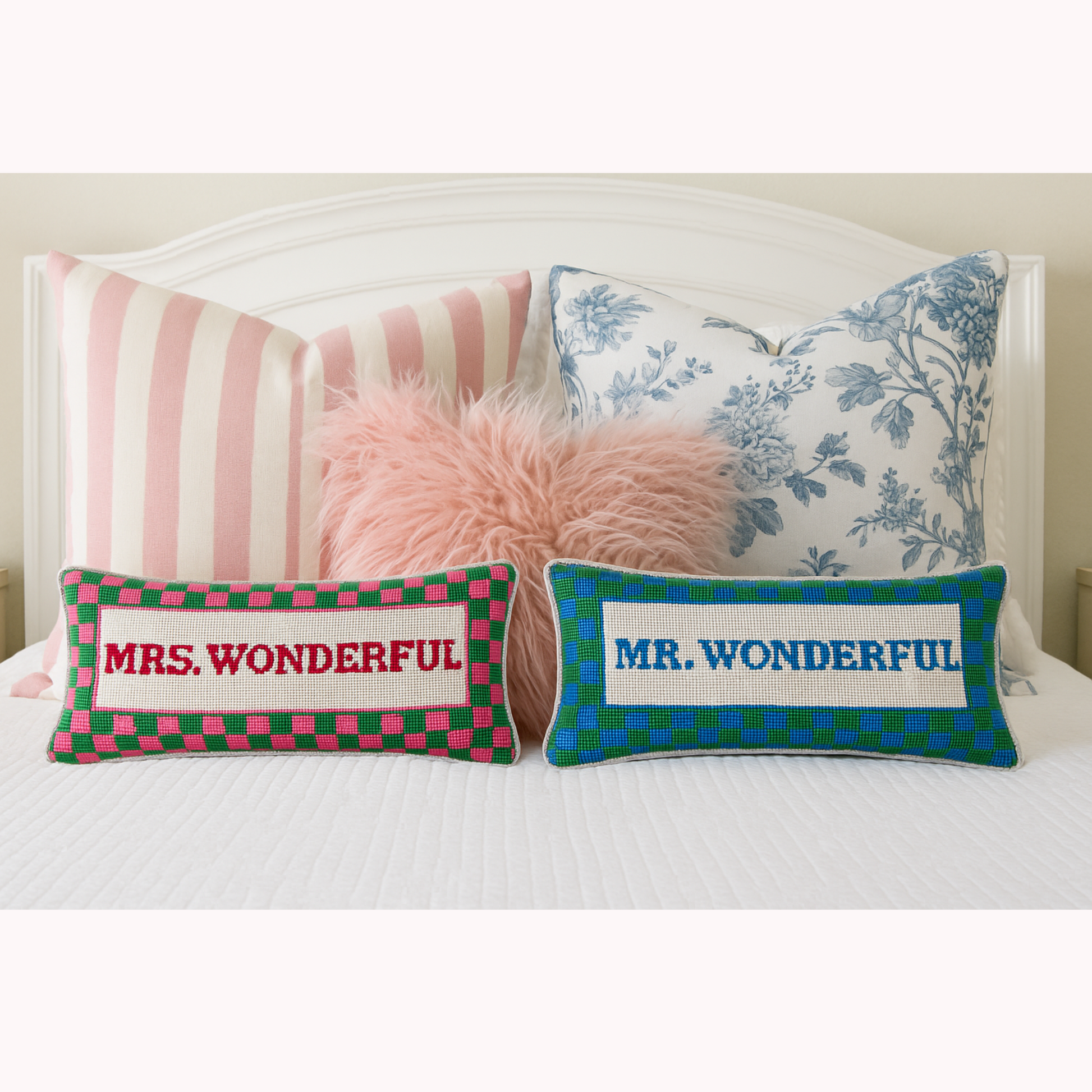 Hand painted needlepoint canvas with "Mrs. Wonderful" Text