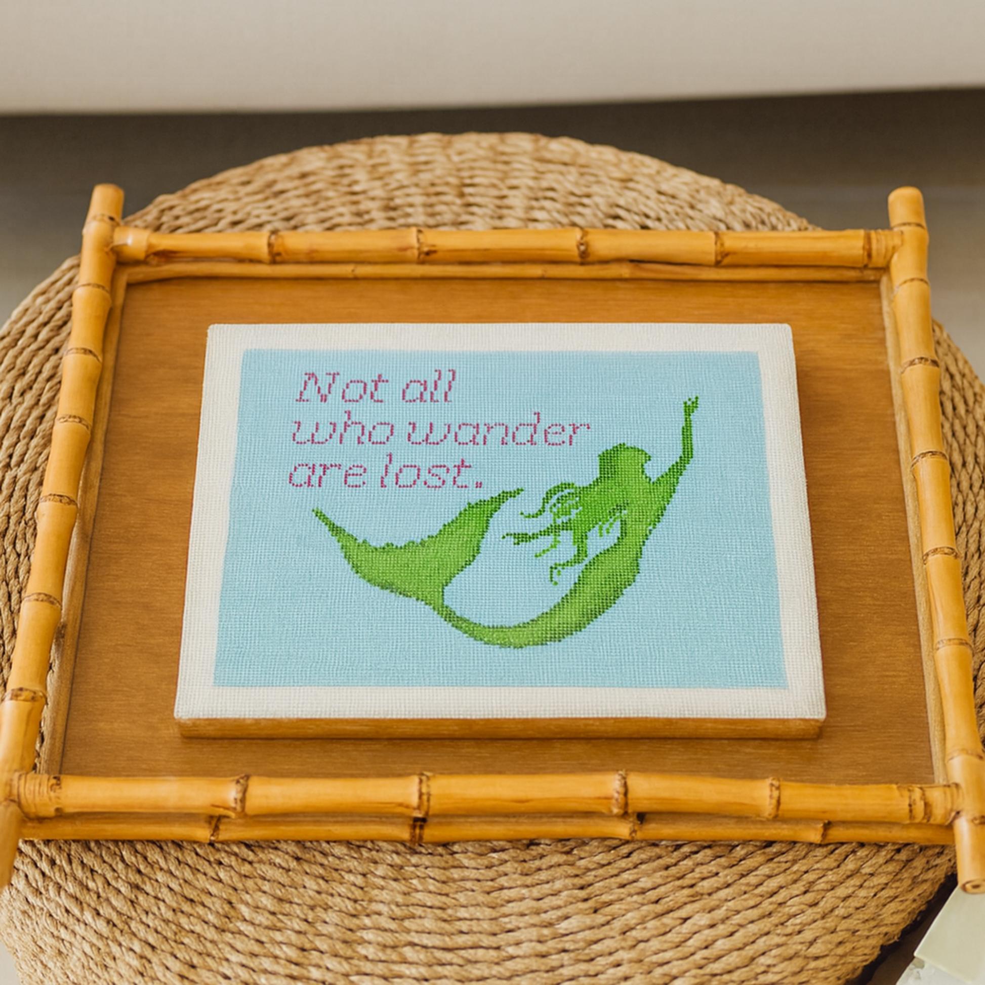 Hand Painted Needlepoint Canvas with "Not All Who Wander are Lost" text