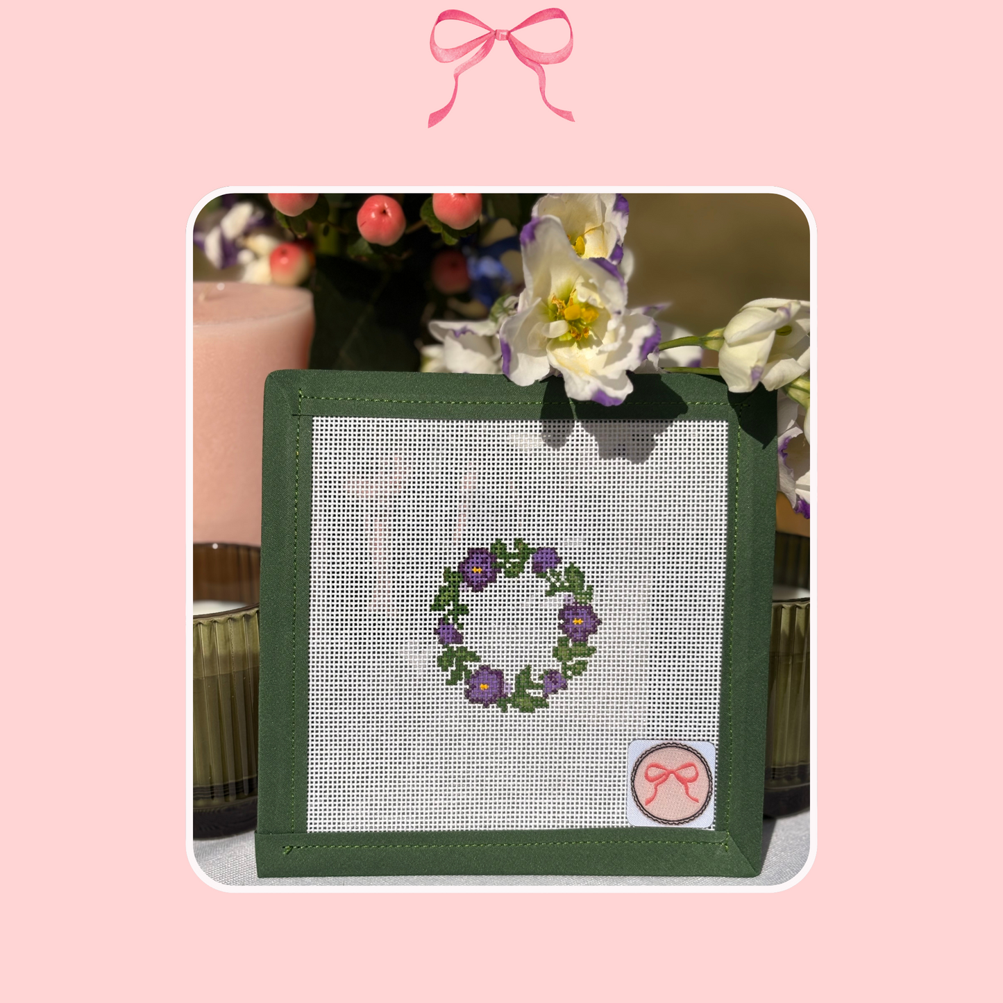 Needlepoint Canvas with Pansies Wreath