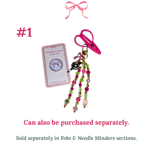 Needlepoint Accessory Set with Hand-beaded scissor Fob and Pink Bow Needle Minder