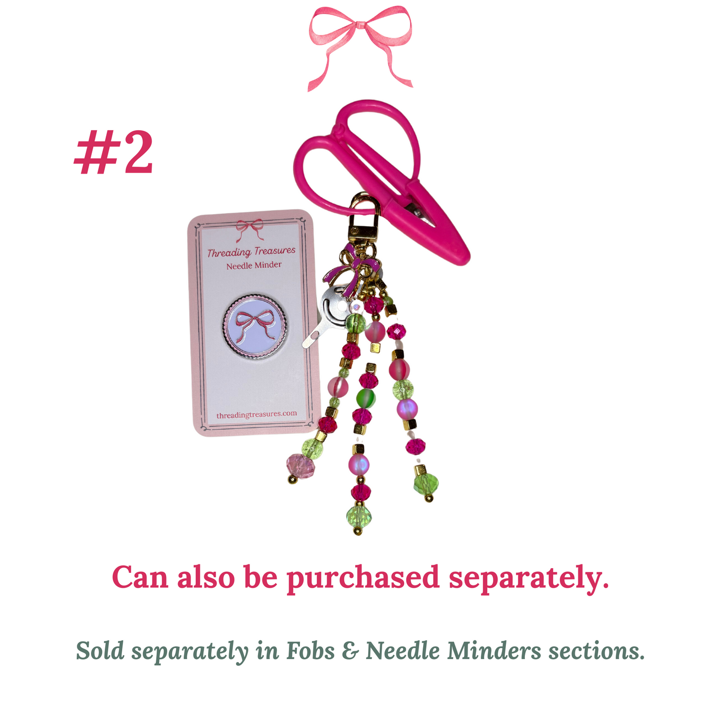 Needlepoint Accessory Set with Hand-beaded scissor Fob and Pink Bow Needle Minder