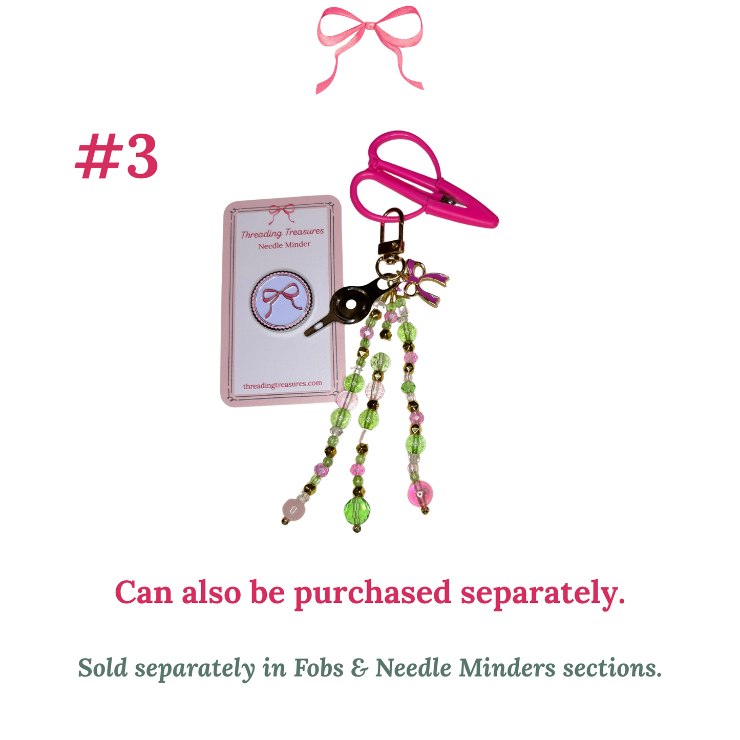 Needlepoint Accessory Set with Hand-beaded scissor Fob and Pink Bow Needle Minder
