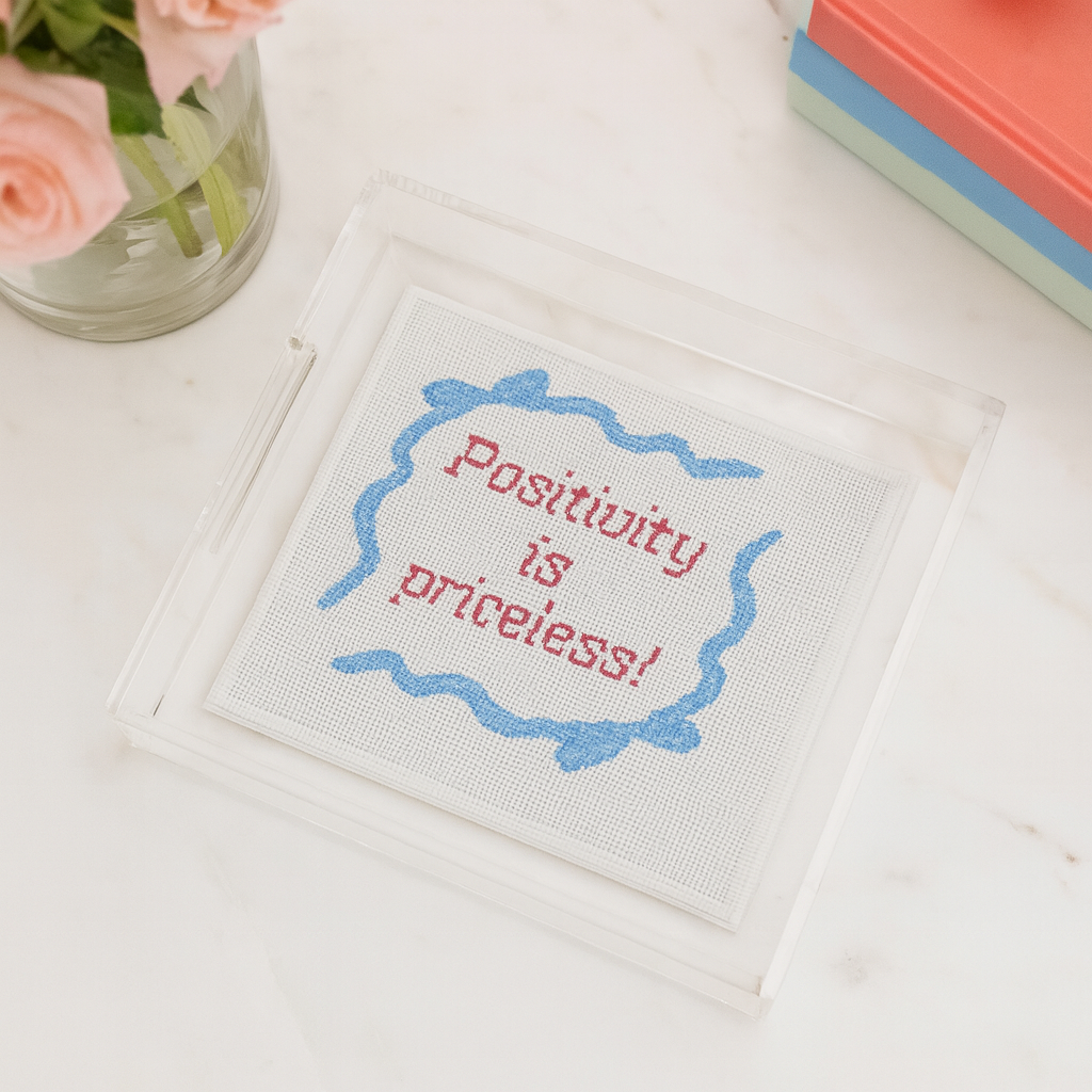 Hand Painted Needlepoint with "Positivity is Priceless" Text