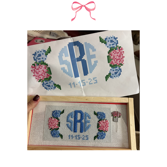 Hydrangea Wristlet Insert with Custom Monogram on 13 Mesh