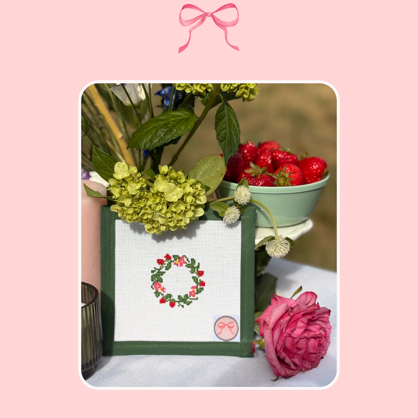 Needlepoint Canvas with Wreath of Strawberries & Flowers