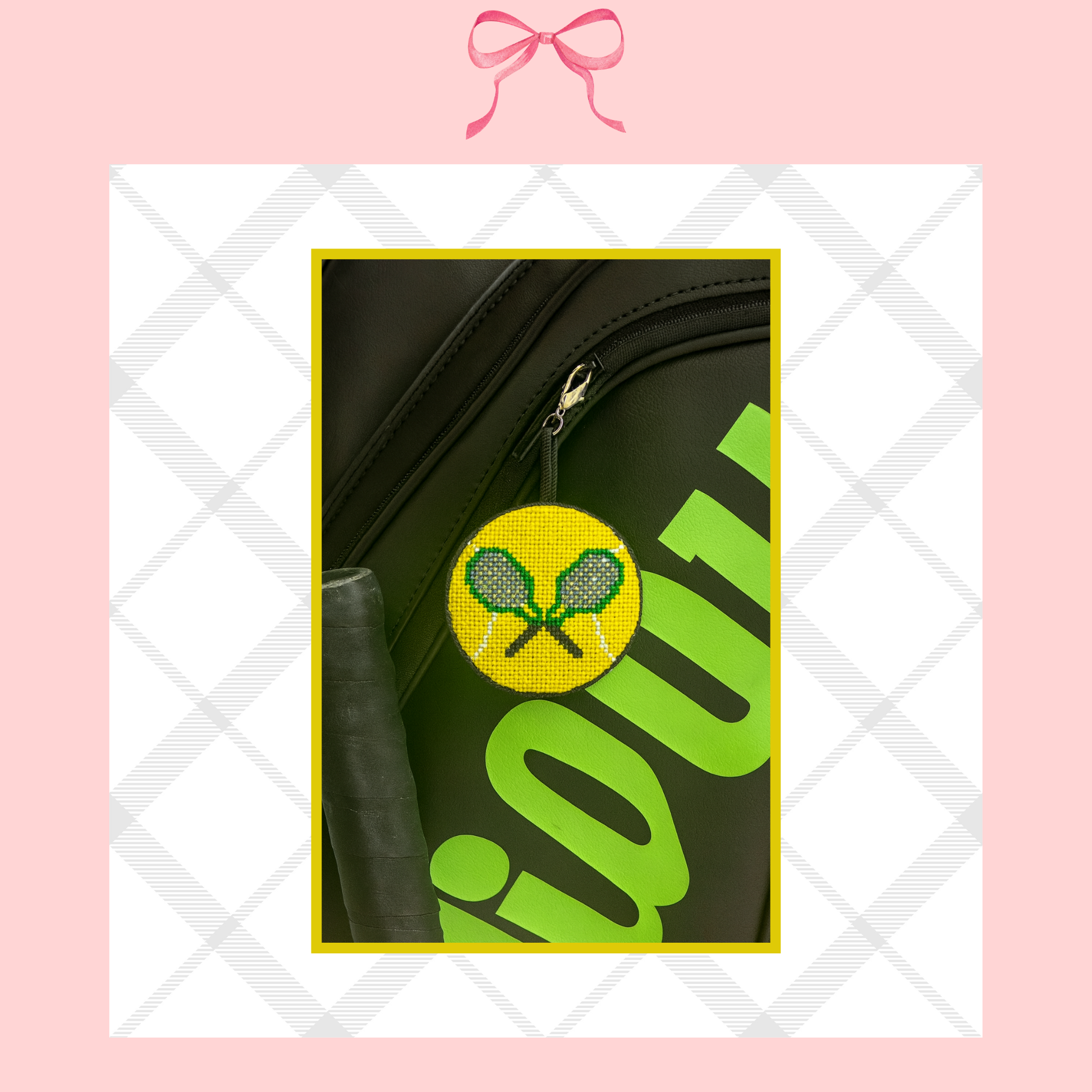 Needlepoint bag charm with tennis rackets on a yellow tennis ball