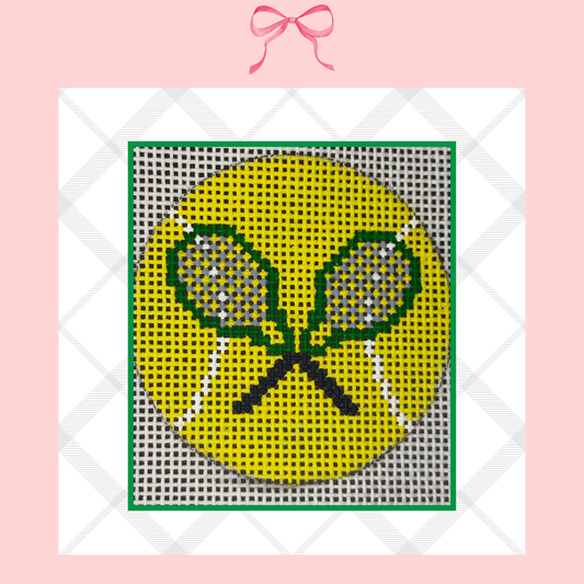 hand painted needlepoint canvas with yellow tennis ball and rackets