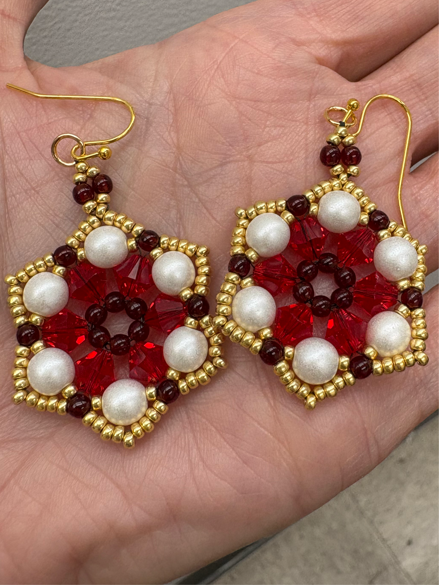 Winter Bloom Earrings, handwoven with glass beads