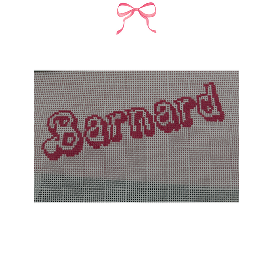 Needlepoint Canvas with the word Barnard in Barbie-style letters