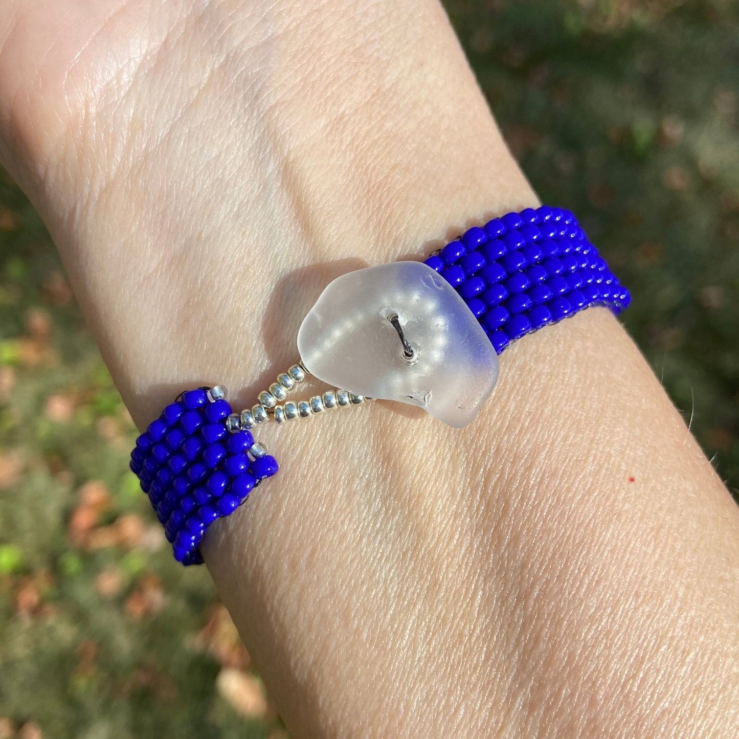 Blue Bracelet with White Sea Glass Button