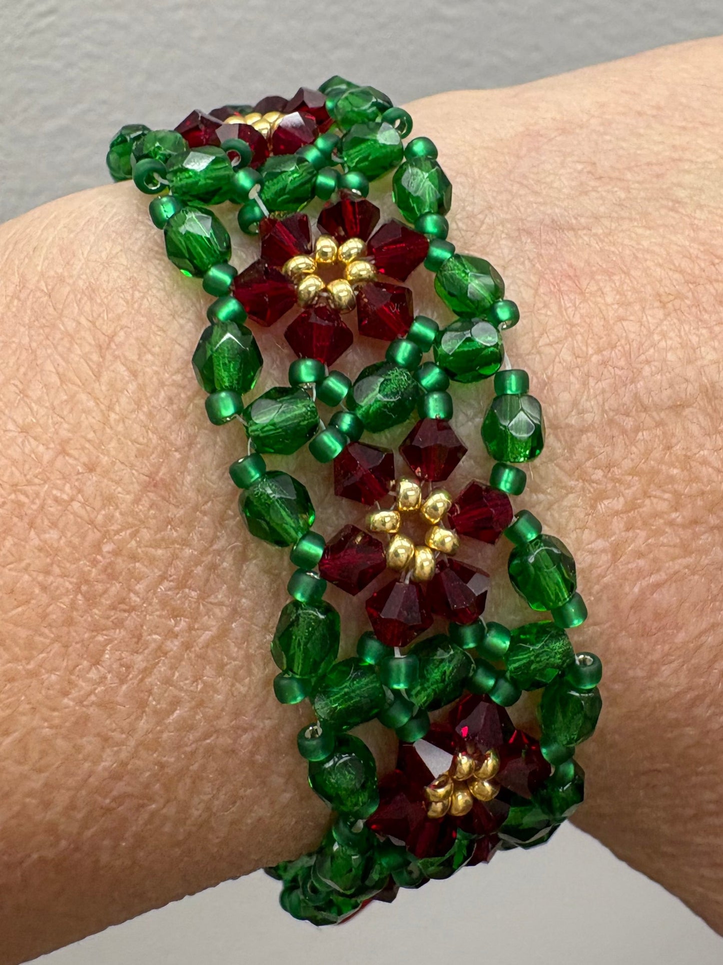 Christmas Bloom Bracelet, Handwoven with glass beads