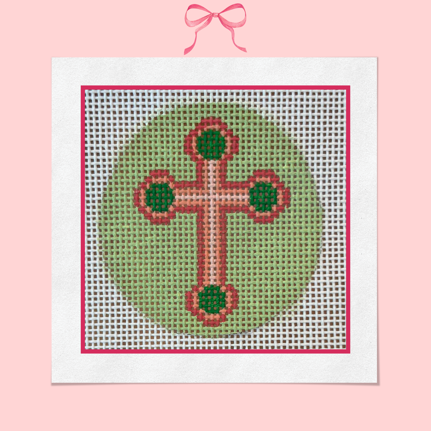 Pink and Green Cross on 18 Mesh