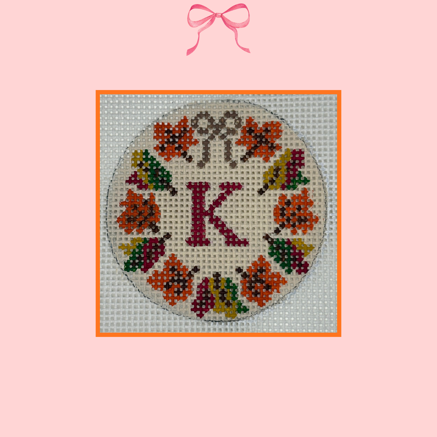 hand painted fall-themed needlepoint wreath canvas with single-letter monogram 