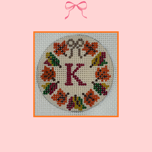 hand painted fall-themed needlepoint wreath canvas with single-letter monogram 