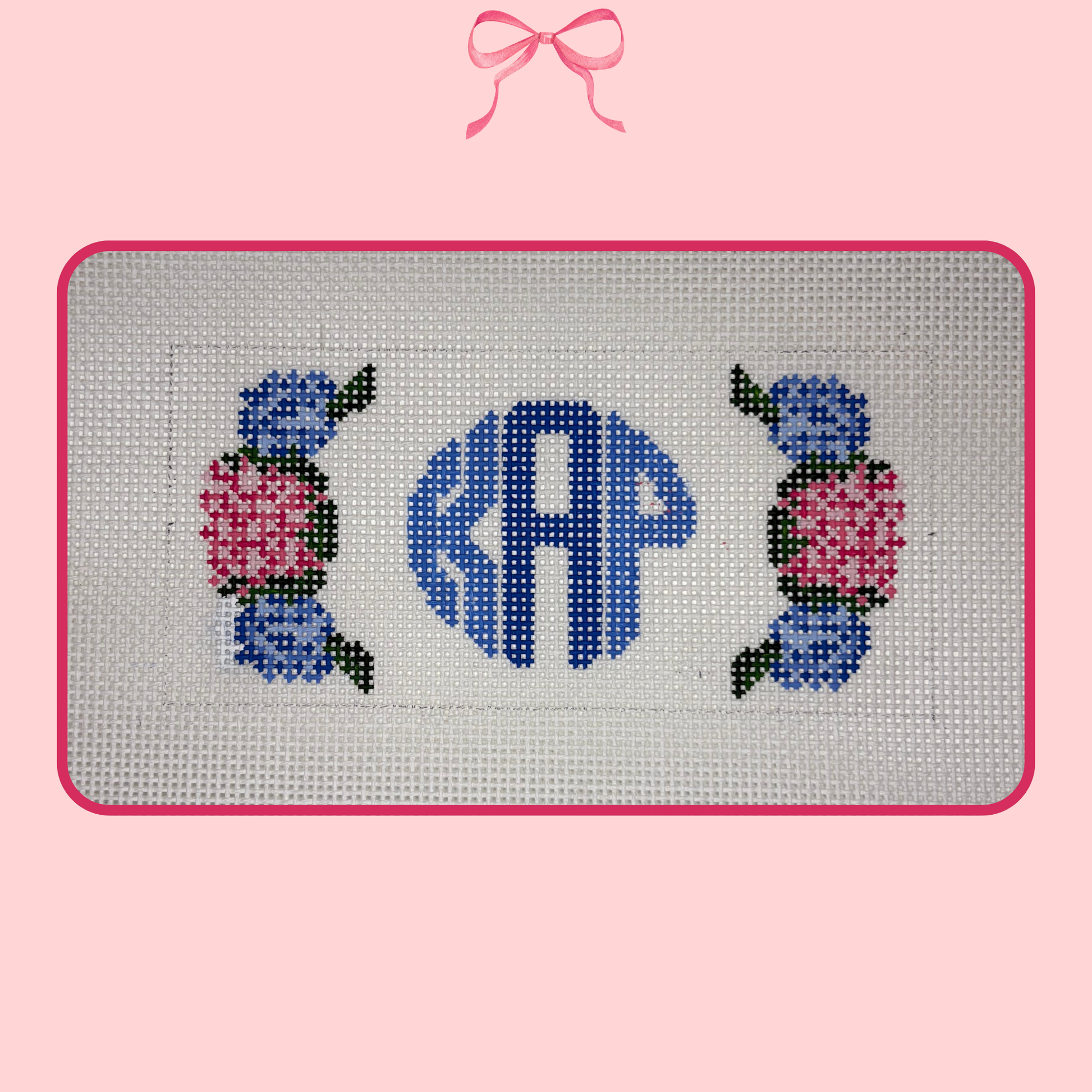 hand painted hydrangea an monogram needlepoint canvas