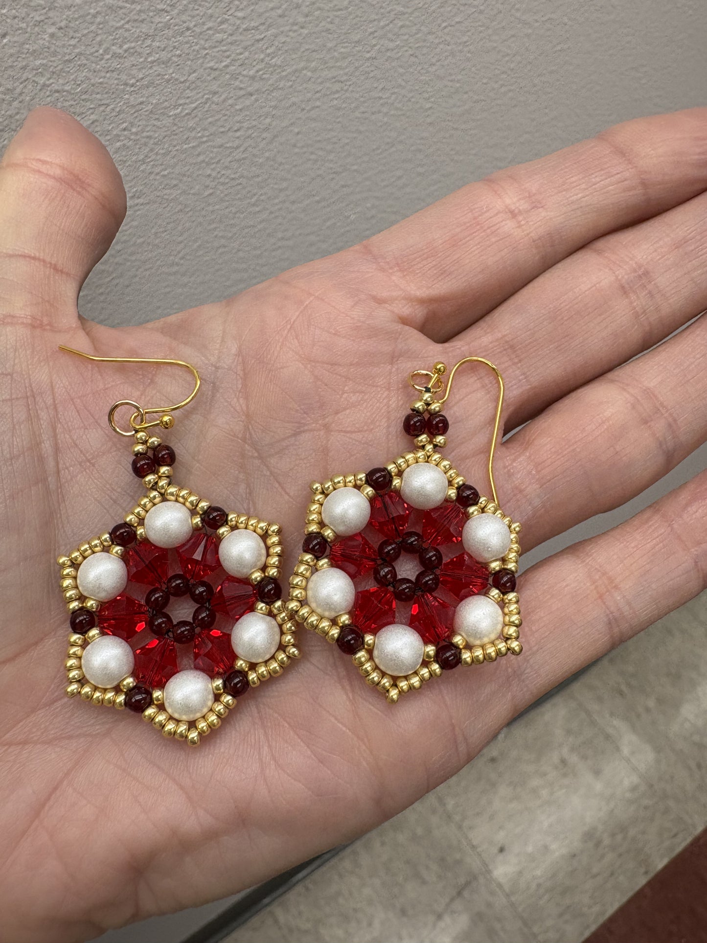 Winter Bloom Earrings, handwoven with glass beads