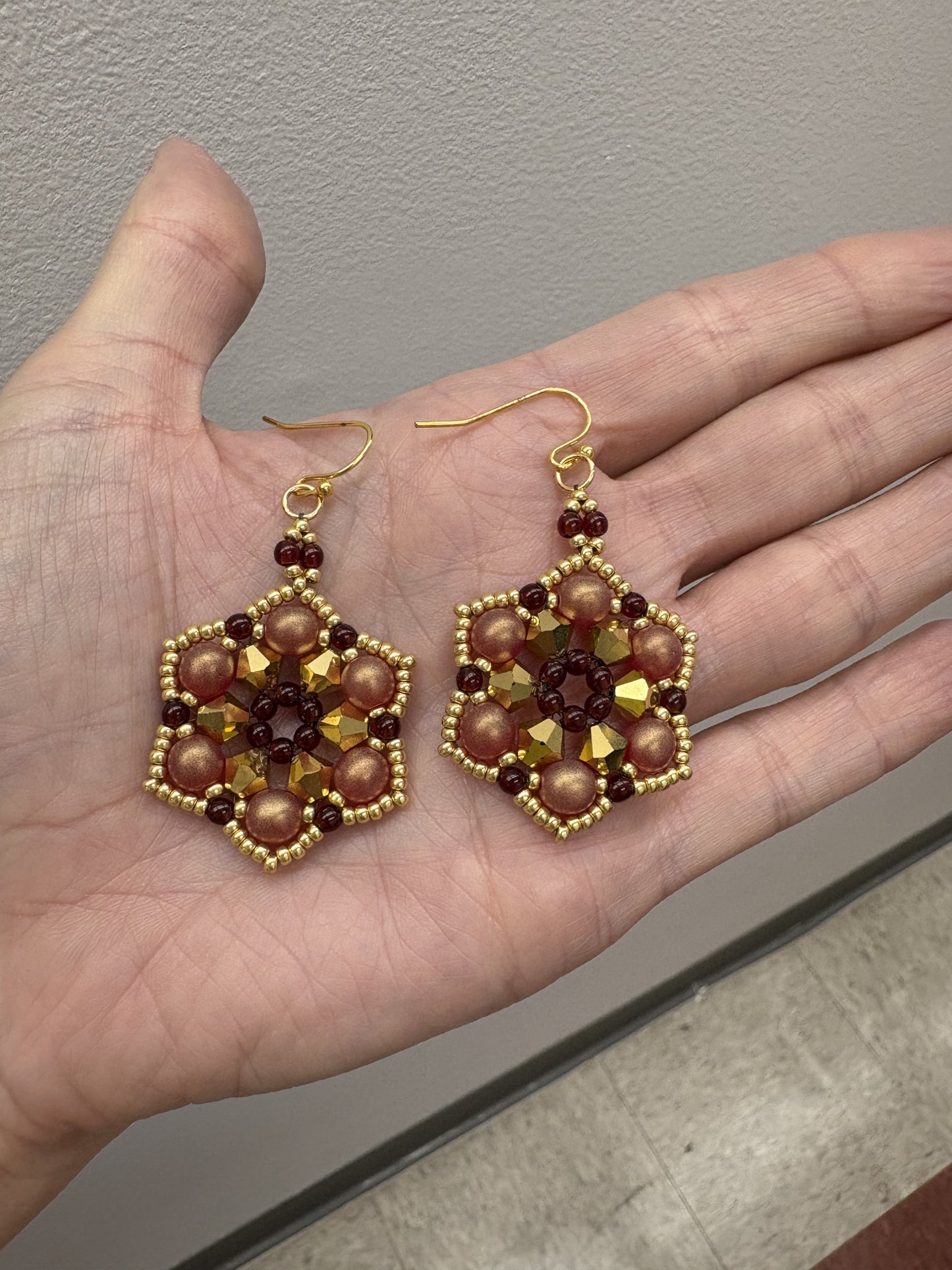 Winter Bloom Earrings, handwoven with glass beads