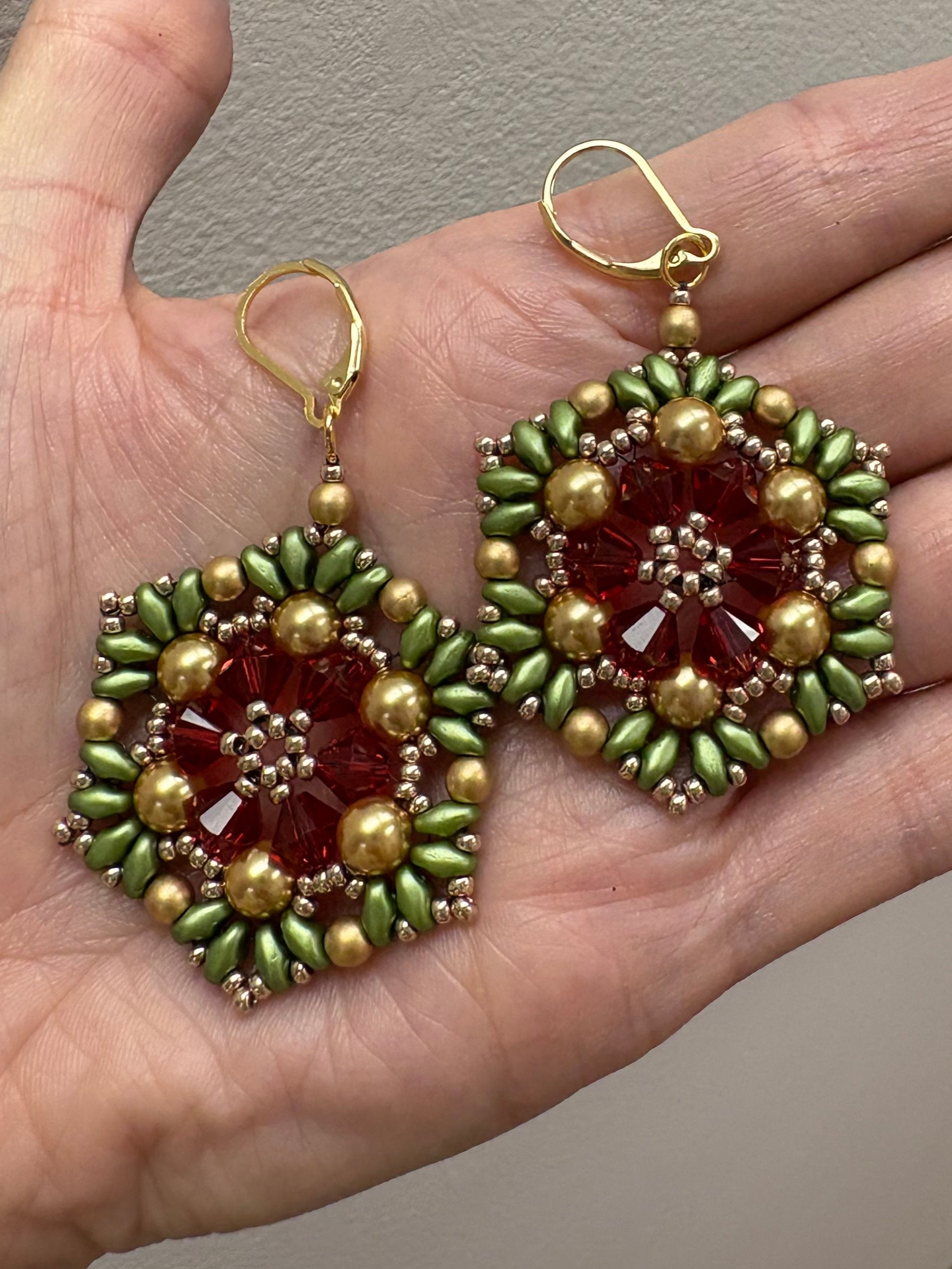 Green & Red Large Snowflake Earrings