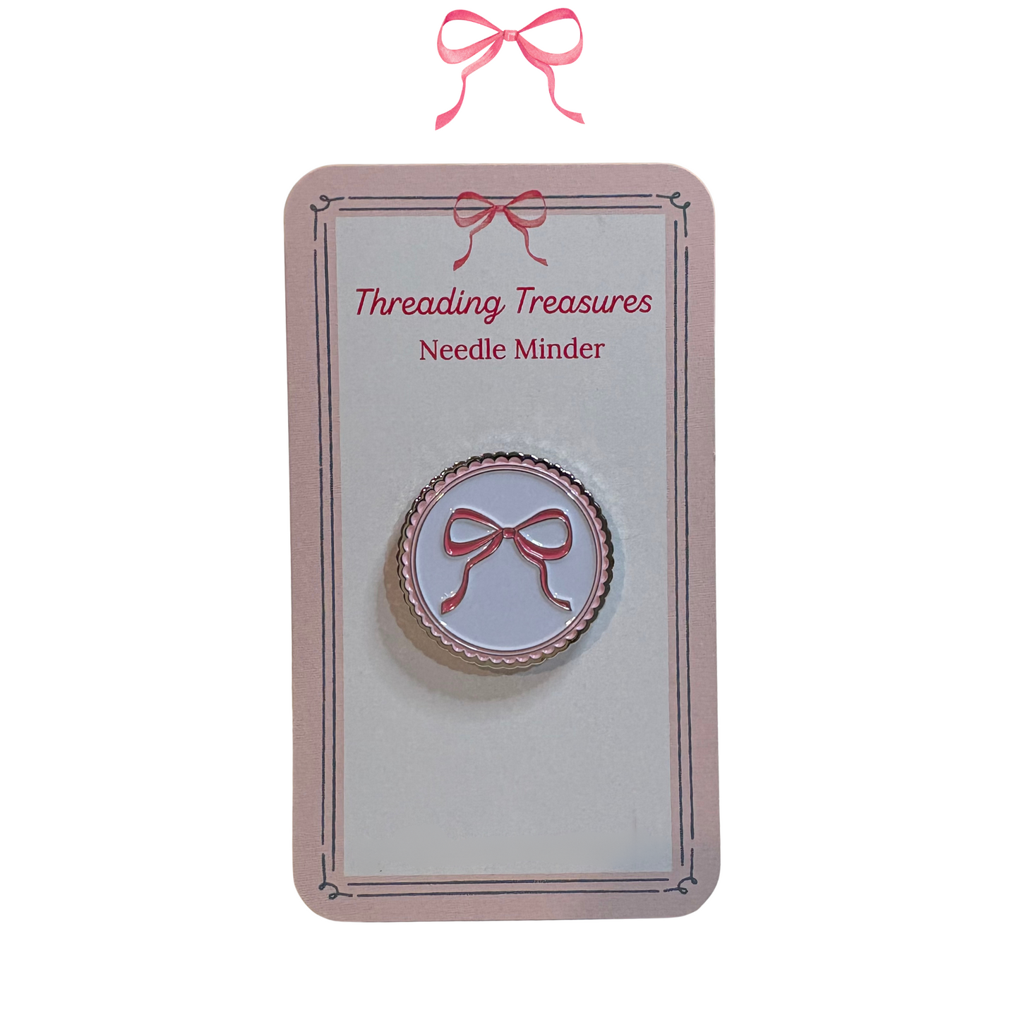 Threading Treasures Pink Bow Metal Needle Minder on card