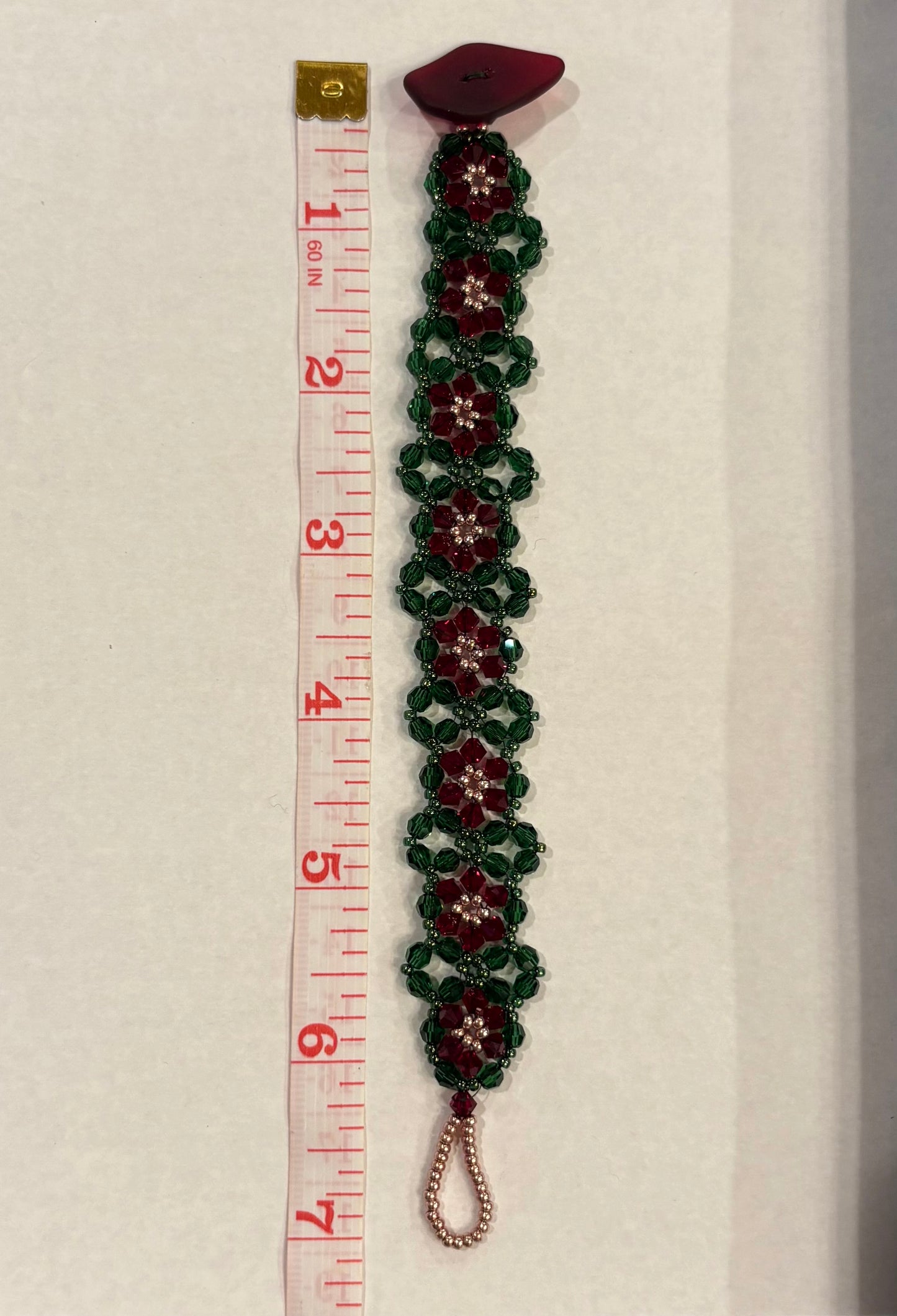 Christmas Poinsettia Bracelet, Handwoven with glass beads