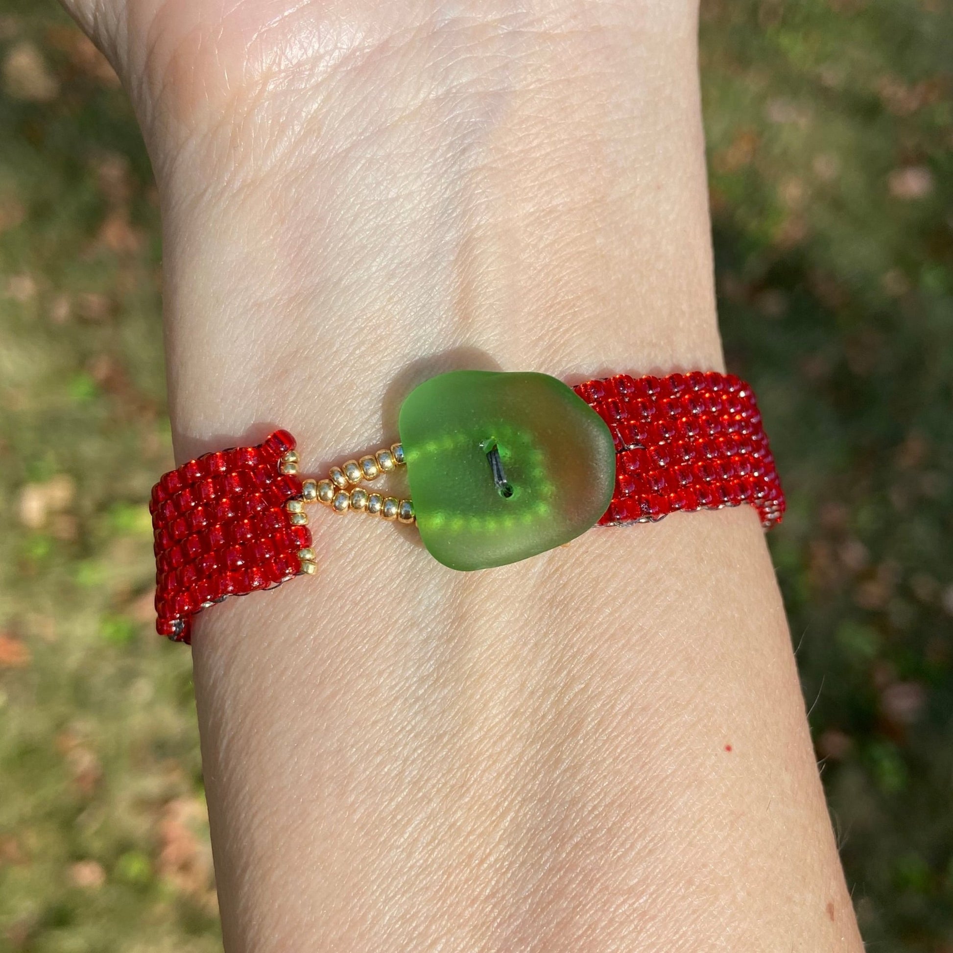 Red Bracelet with Green Sea Glass Button