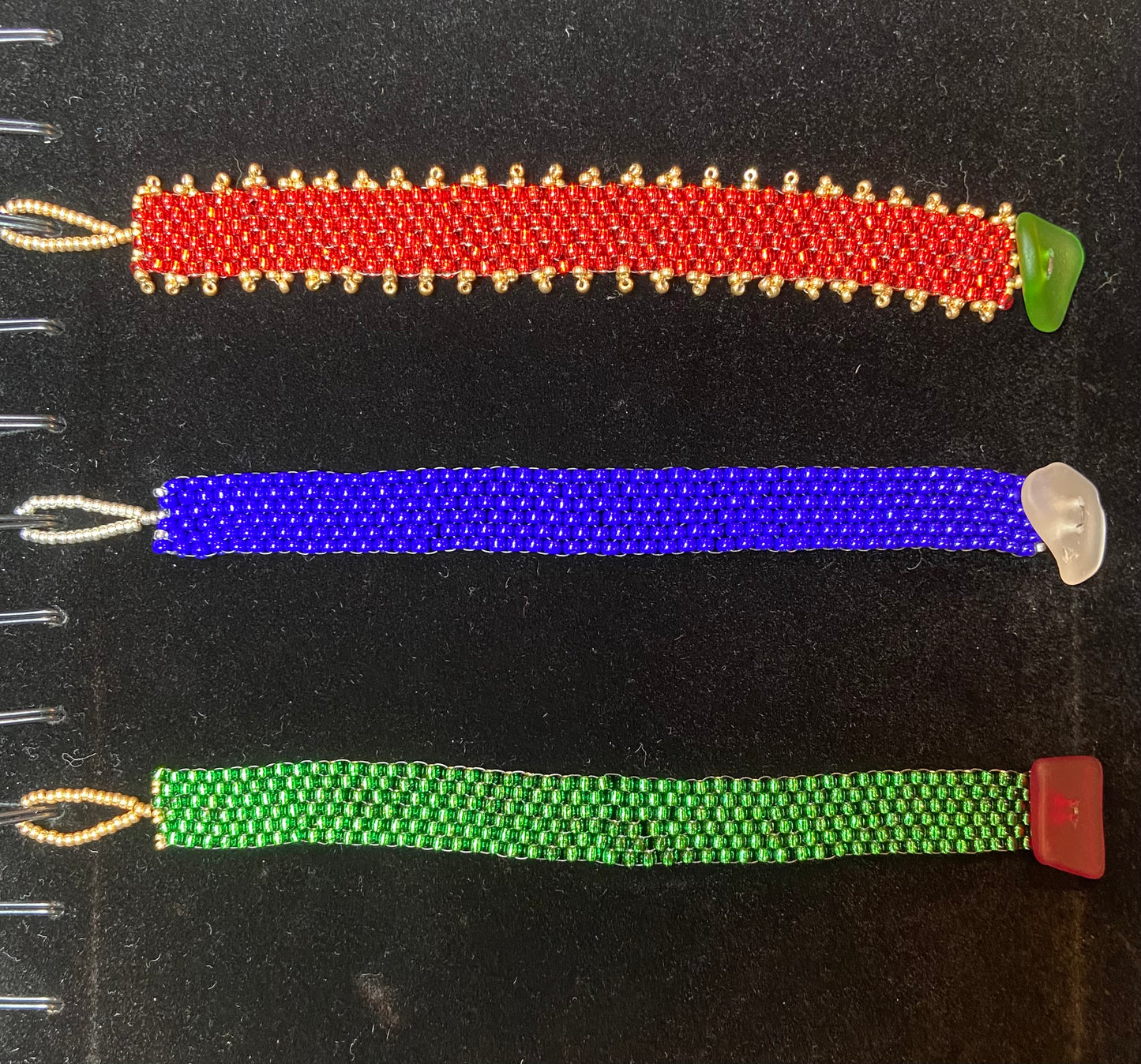 Red (fringed), Blue, Green Beaded Bracelets