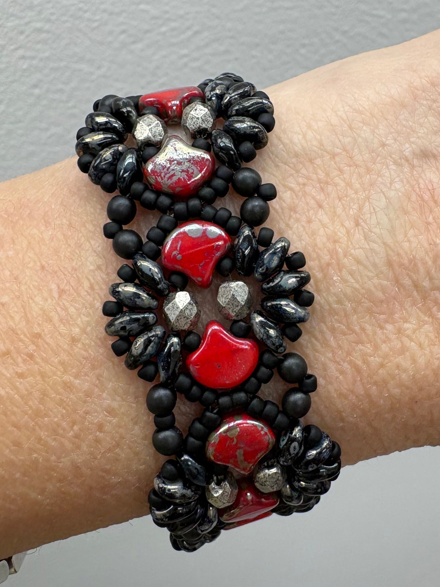 Sonsy Earrings and/or Bracelet Beautifully Handwoven black and red glass beads