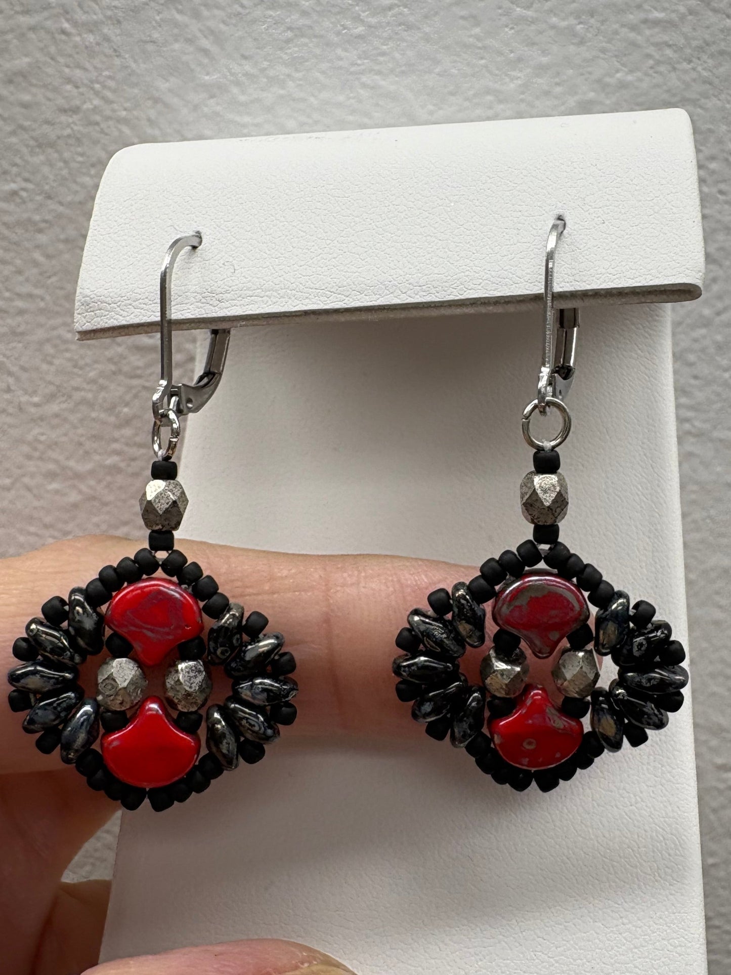 Sonsy Earrings and/or Bracelet Beautifully Handwoven black and red glass beads