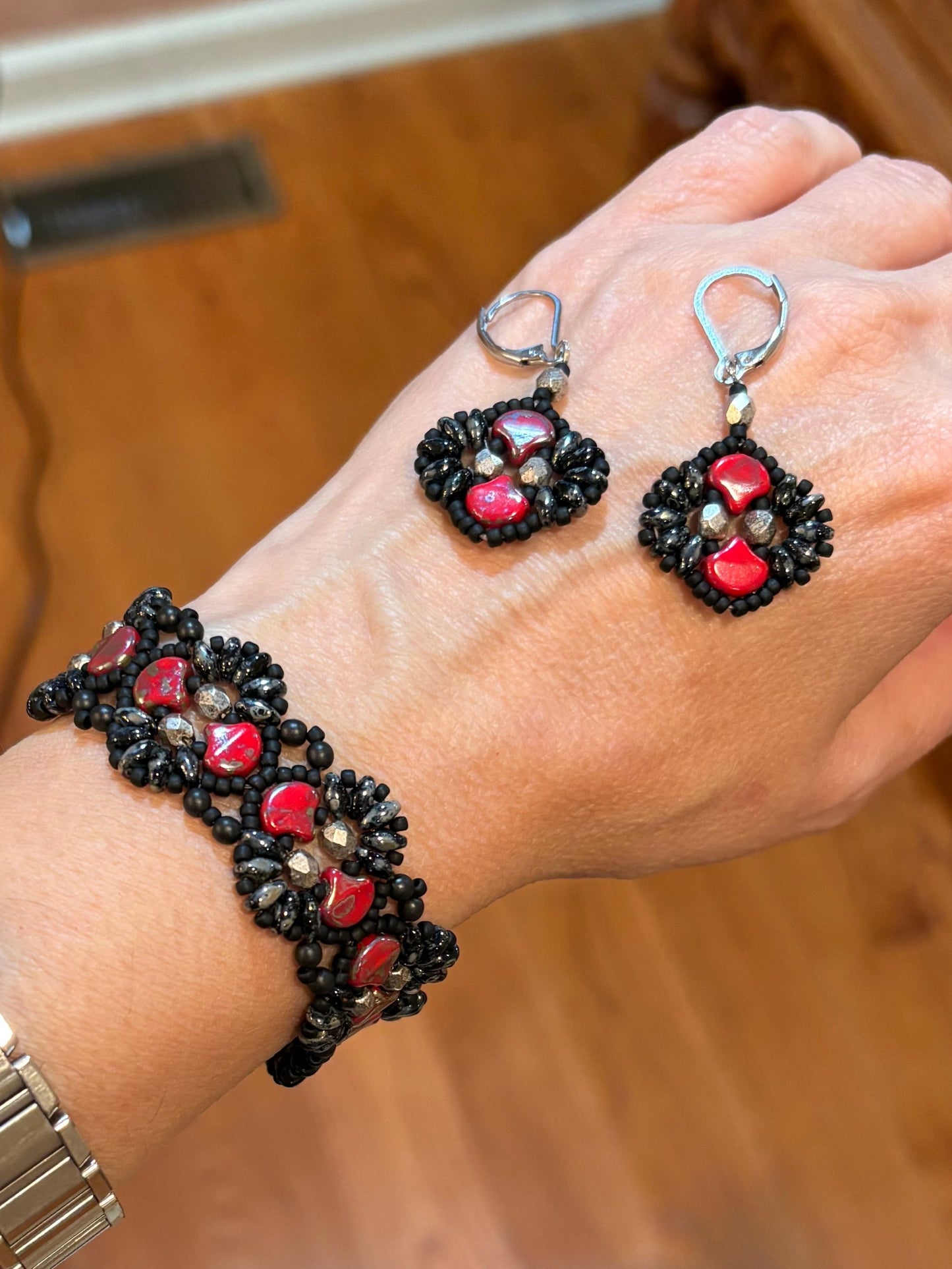 Sonsy Earrings and/or Bracelet Beautifully Handwoven black and red glass beads